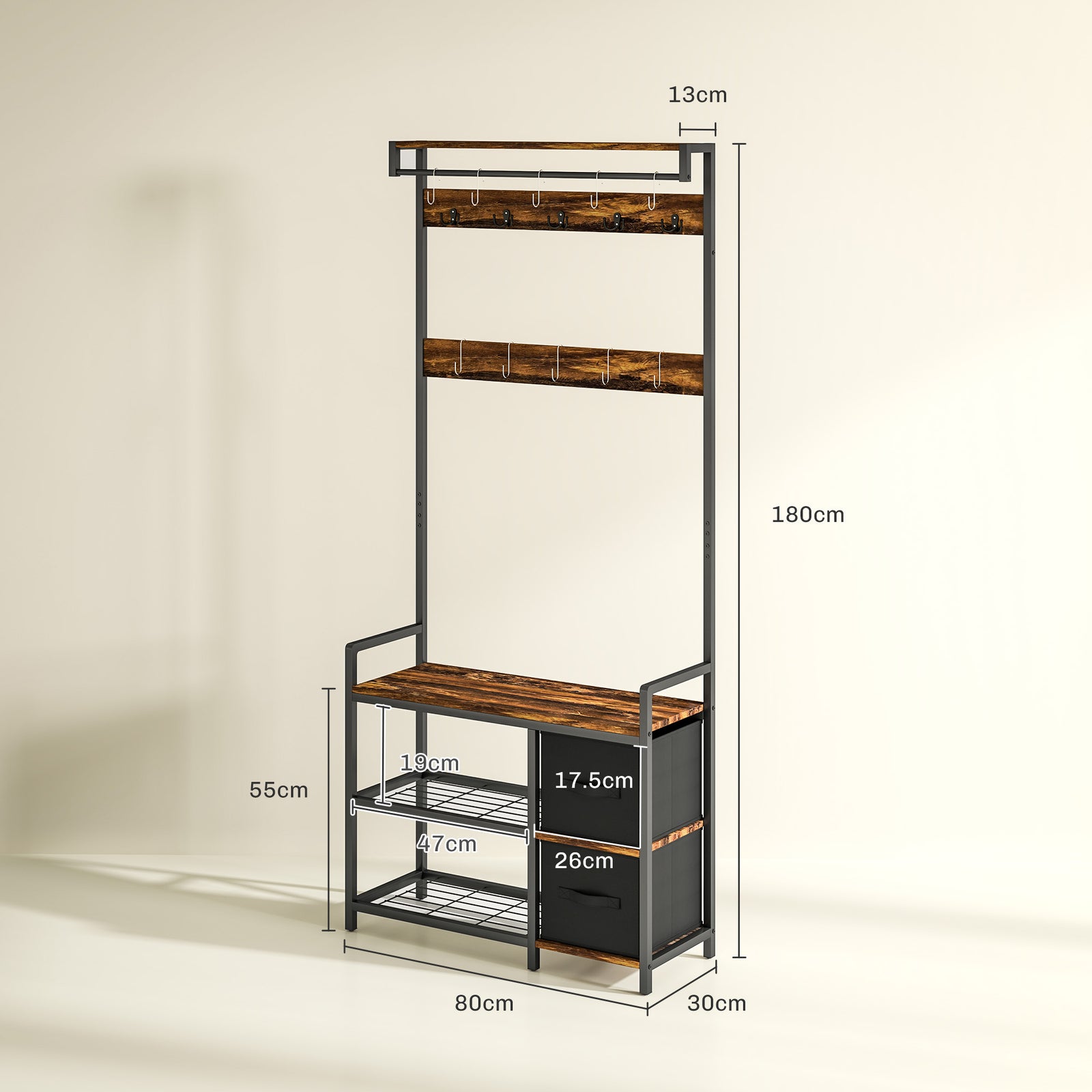 Coat Rack With Drawer, 4-in-1 Hall Tree With Coat Stand