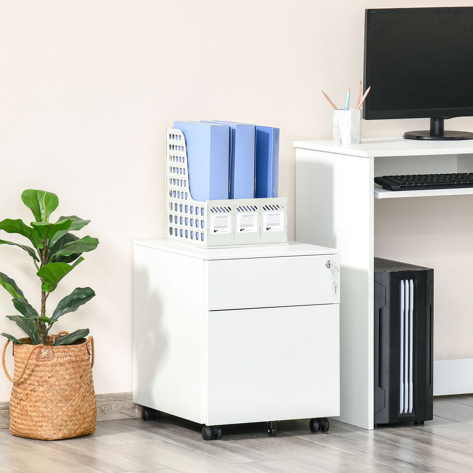 Mobile File Cabinet Steel Lockable With Pencil Tray | One Size | White