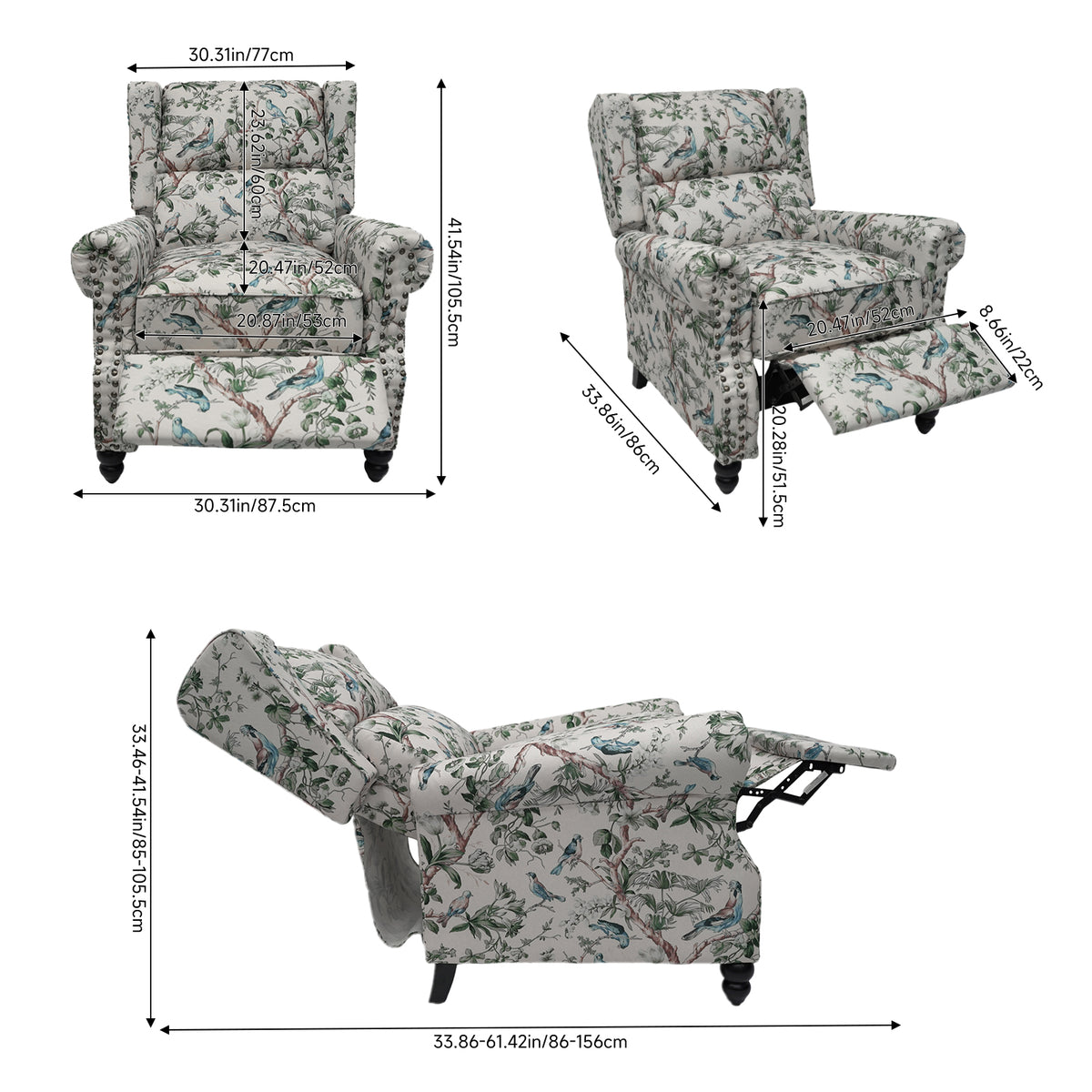 Breeins Retro Linen Upholstered Recliner Armchair with Adjustable Backrest & Footrest