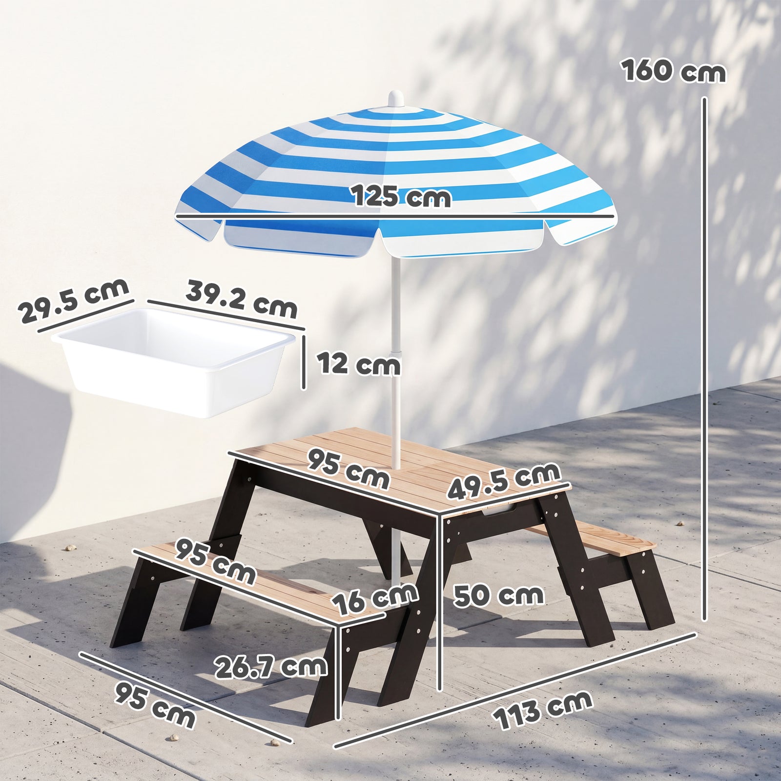 AIYAPLAY 3 In 1 Wooden Kids Picnic Table And Bench Set With Parasol, Natural