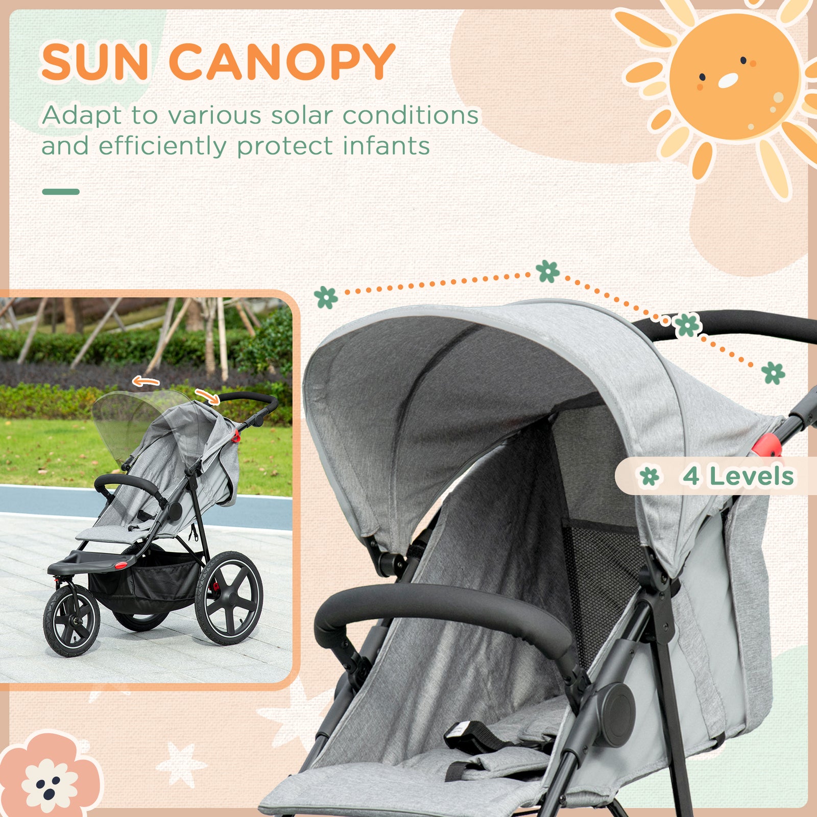Foldable Three-wheeler Baby Stroller W/ Sun Canopy, Storage | Grey