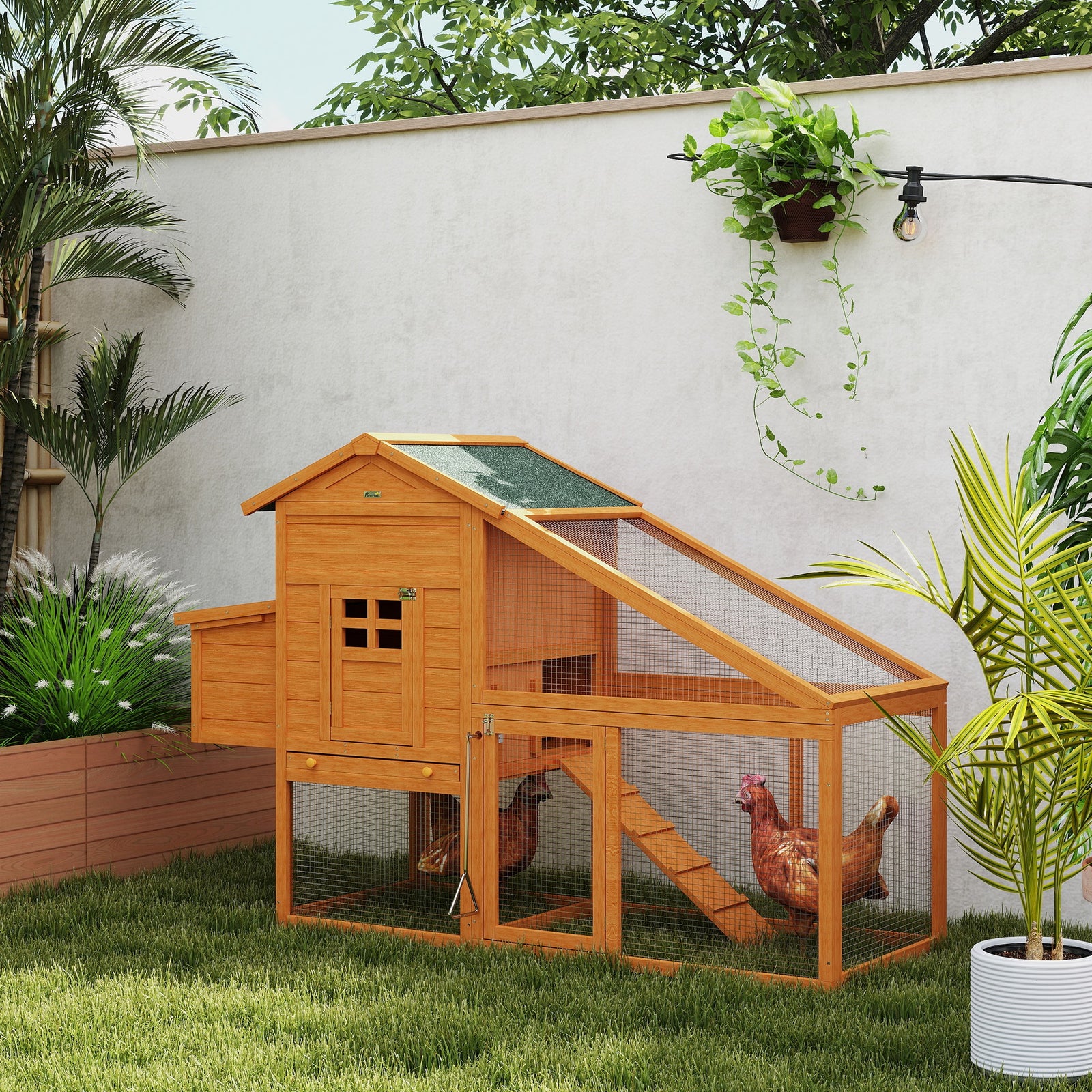 Pawhut Wooden Chicken Coop With Run, Nesting Box, Slide-out Tray, Ramp