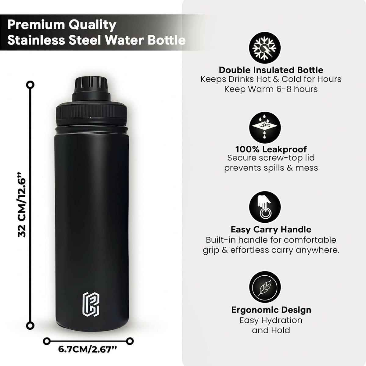 800ml Insulated Stainless Steel Water Bottle Magnetic Phone Holder | Black