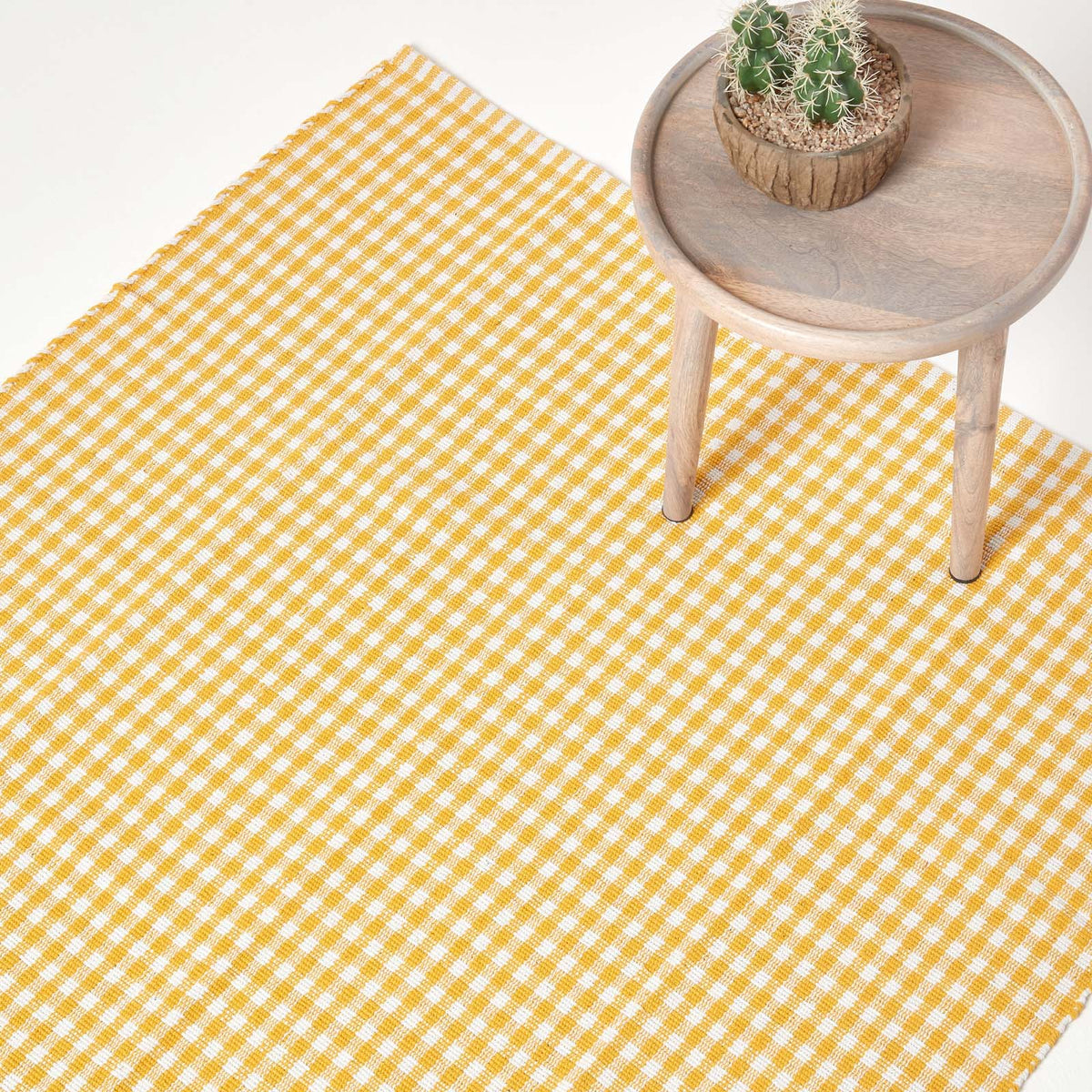 Cotton Gingham Check Rug Hand Woven | 120cm x 80cm | Yellow