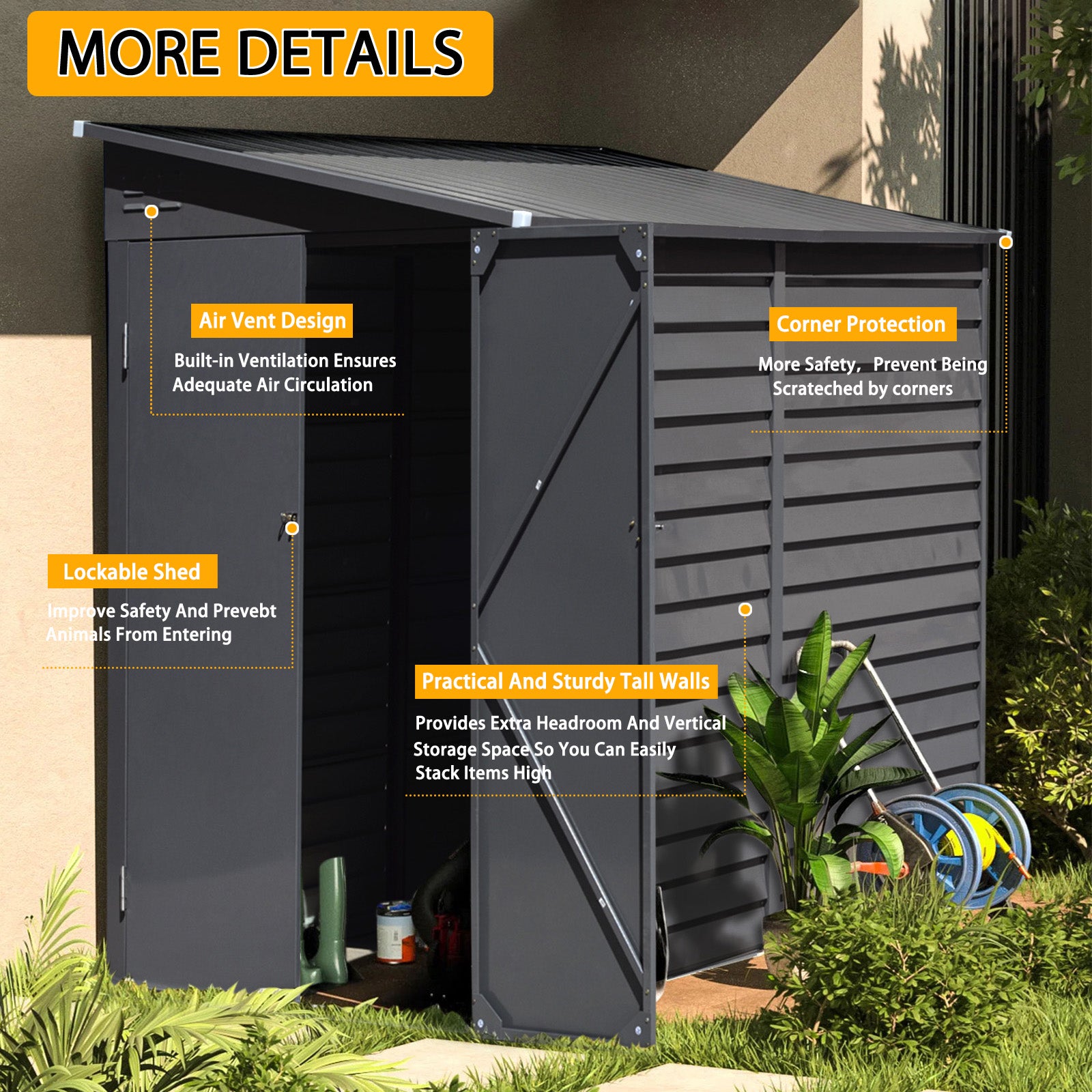 Durable Zinc Steel Metal Garden Shed 4.7×8.86ft – Waterproof Outdoor Storage House For Tools And Garden Equipment, Charcoal Black | Charcoal Black