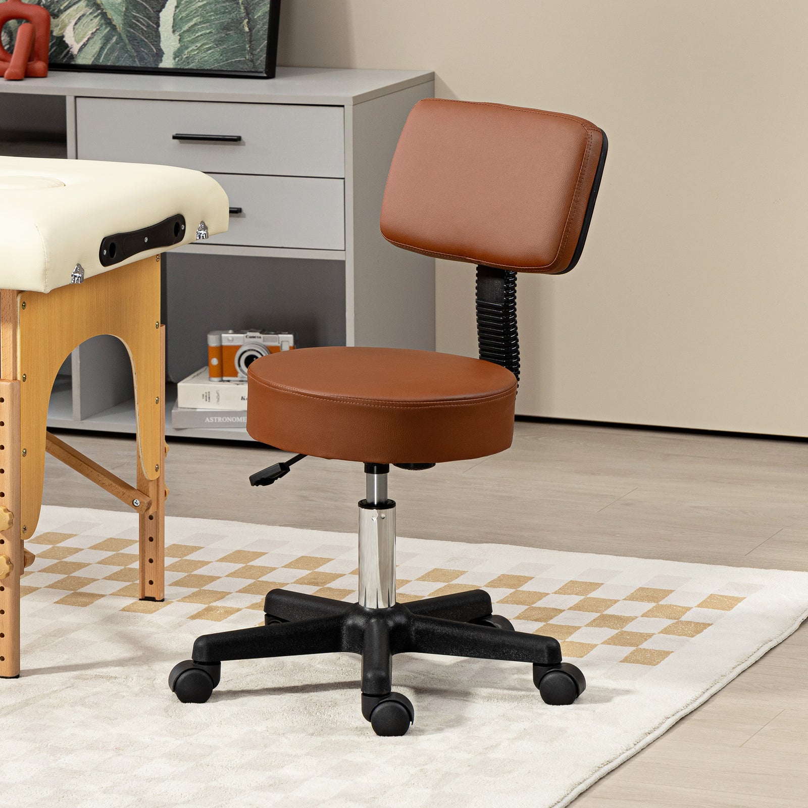 Adjustable Swivel Salon Chair Padded Seat Back 5 Wheels | One Size | Brown