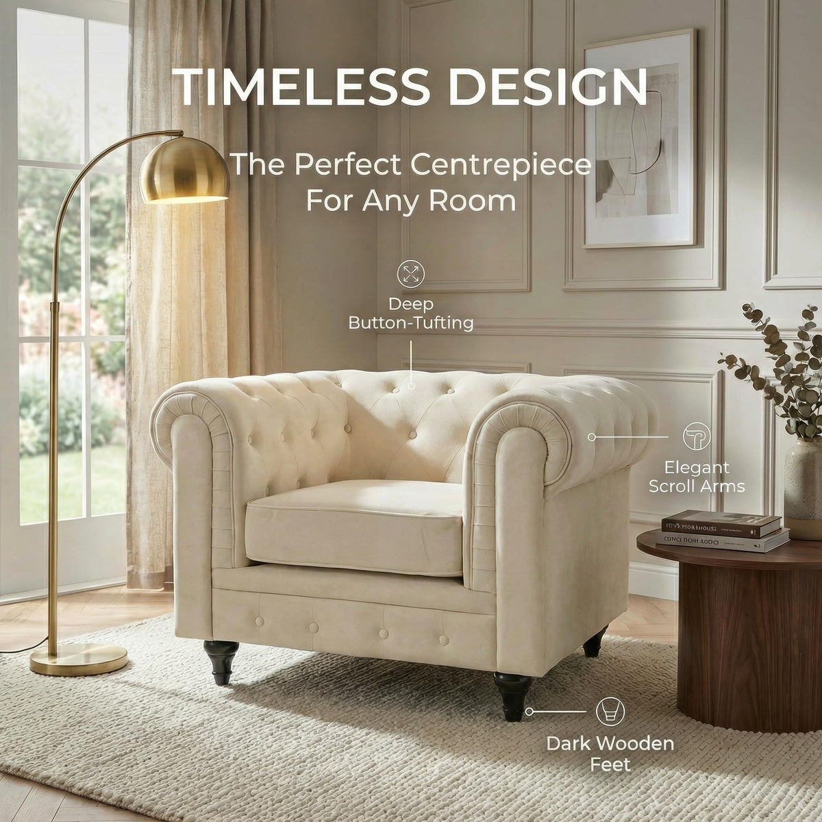 Chesterfield Scroll Arm Velvet Sofa 1 Seater | Beige