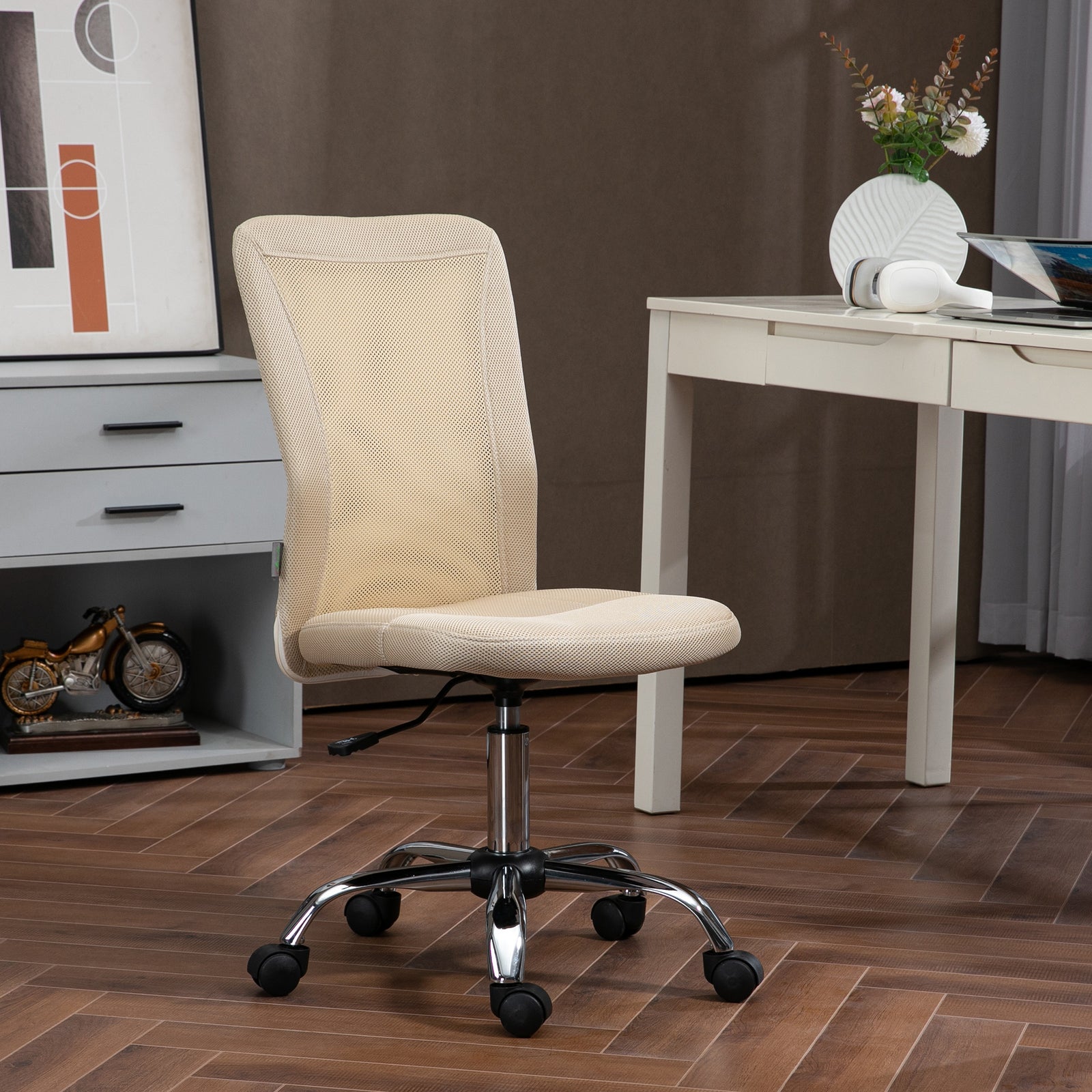 Armless Mesh Office Chair 5 Wheels | Beige