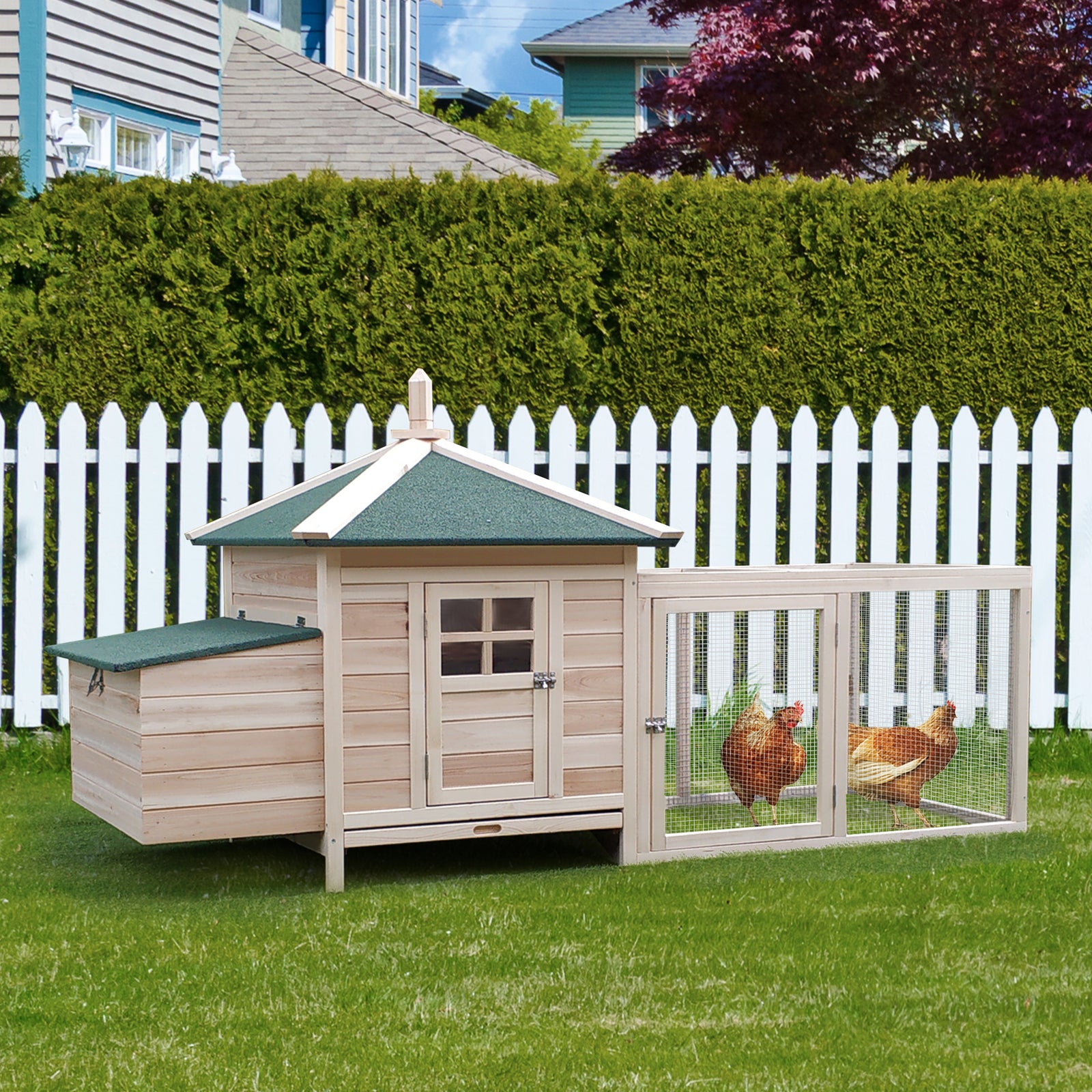 Pawhut Chicken Coop Hen Poultry House W/ Nesting Box Outdoor Run Patio Wooden | Natural