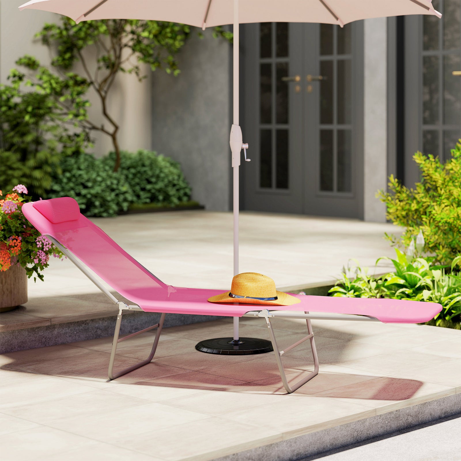 Adjustable Sun Bed Garden Lounger Recliner Relaxing Camping | Pink