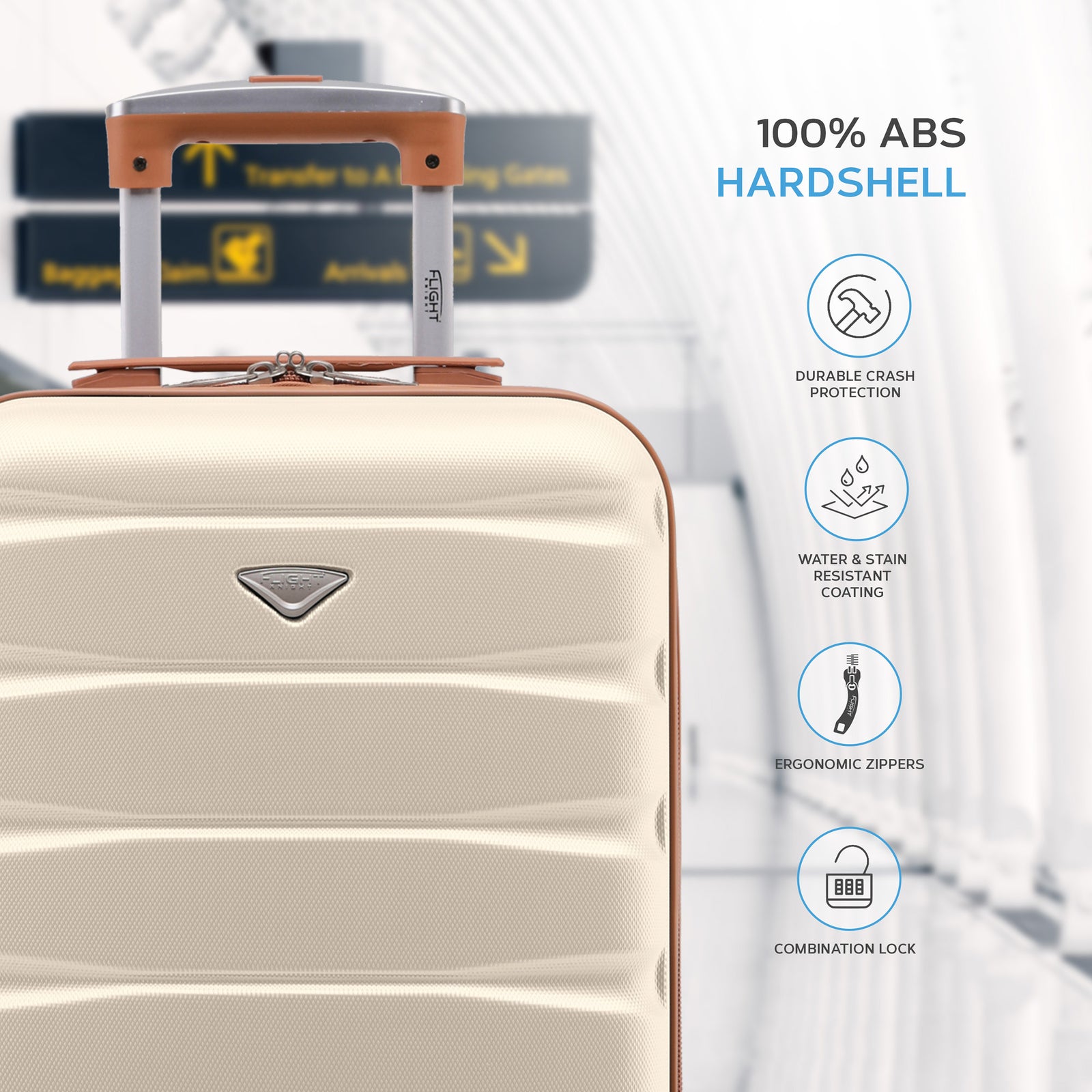 55x35x20cm Cabin Carry On Suitcase Hard Shell Overhead Luggage 100+ Airlines Approved | Cabin | Cream & Brown
