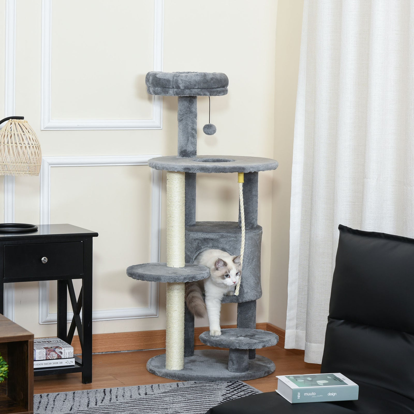 Cat Tree Tower Activity Center With Hanging Ball Toy Teasing Rope 112cm