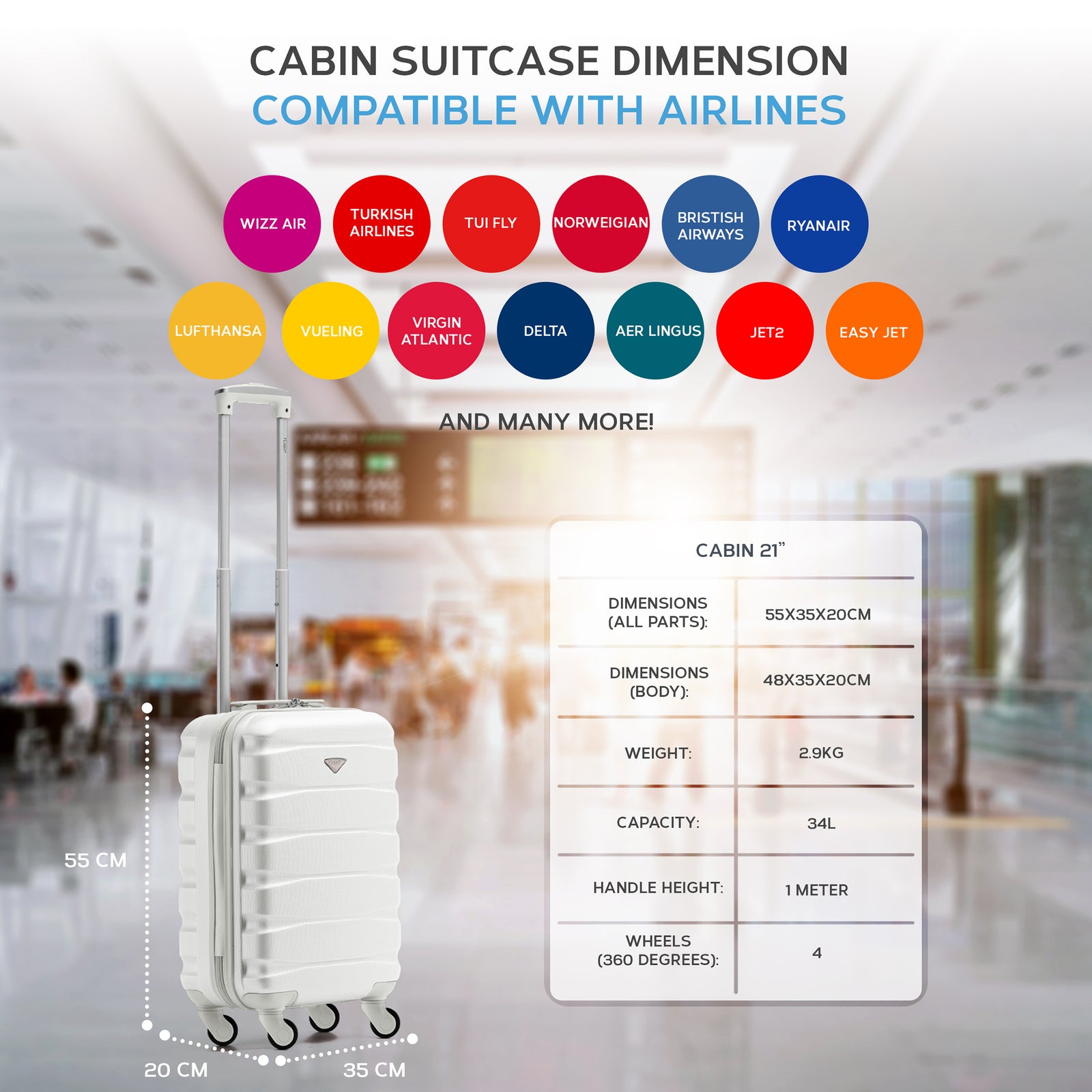 55x35x20cm Cabin Carry On Suitcase Hard Shell Overhead Luggage 100+ Airlines Approved | Cabin | White