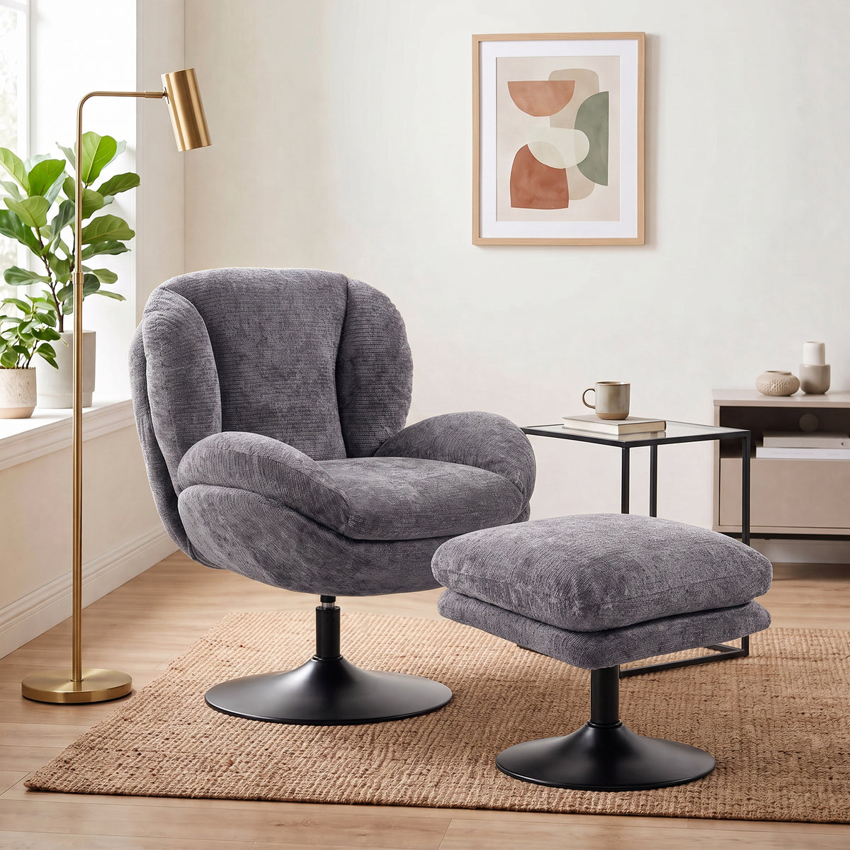 Chenille Lazy Chair With Ottoman, 360 Swivel | Dark Grey