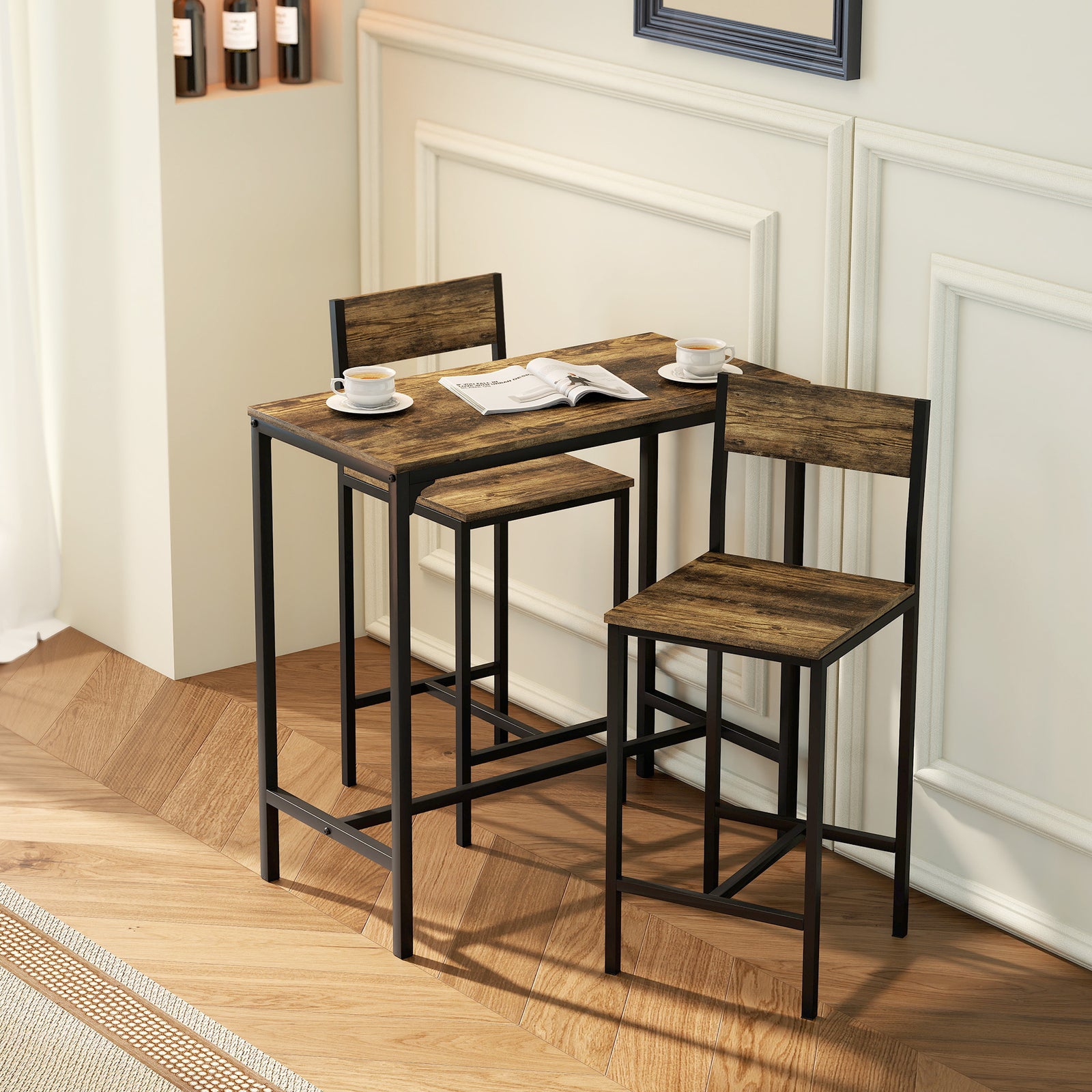 Bar Table And Stools Set, Kitchen Table And 2 Chairs With Backrest, Footrest | Rustic Brown