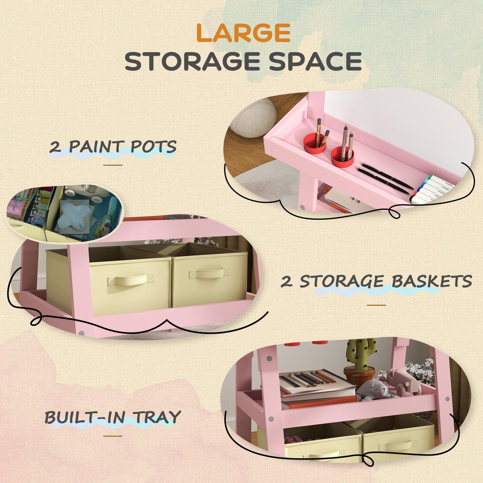 Double-sided Art Easel For Kids W/ Paper Roll, Storage Baskets | Pink