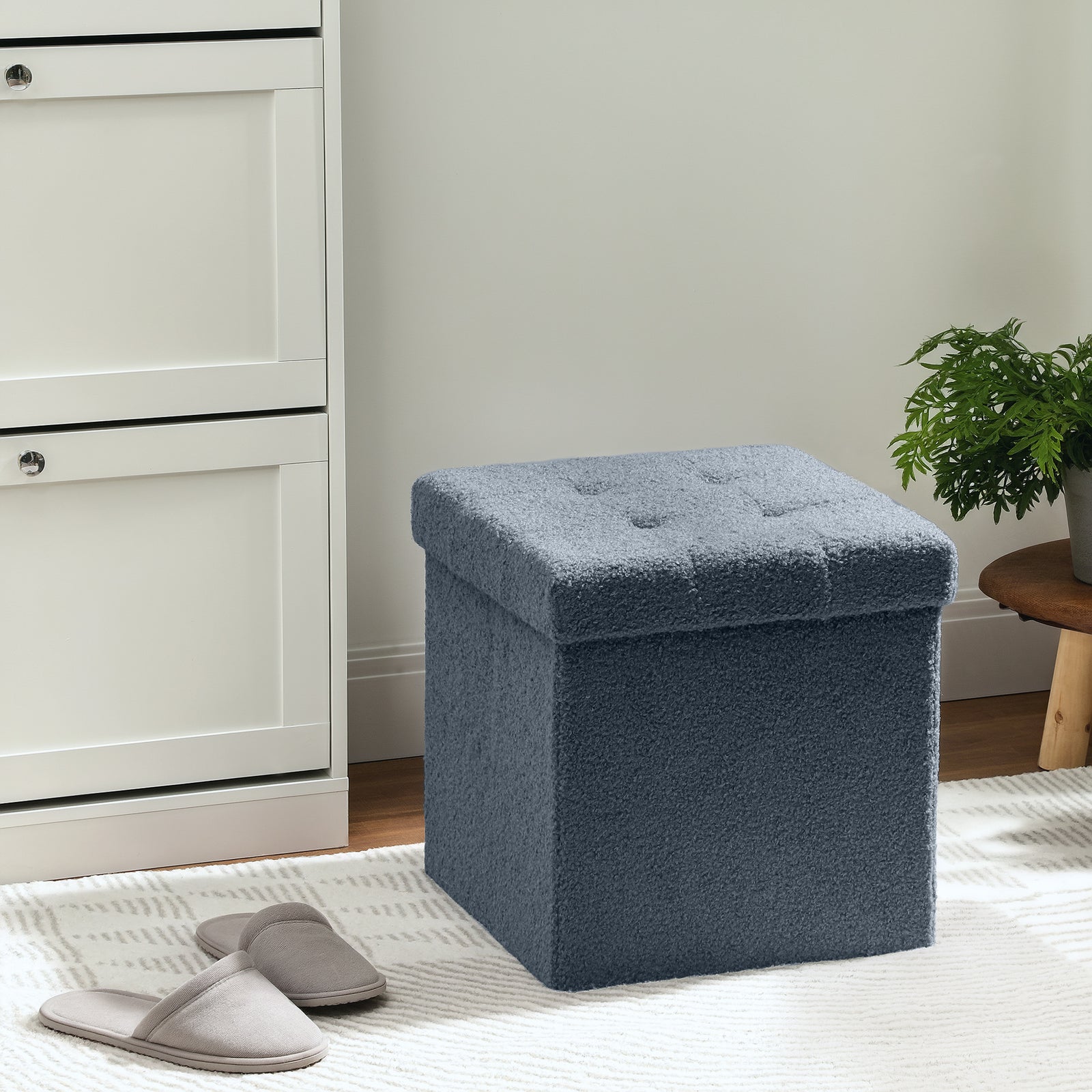 Foldable Sherpa Fleece Storage Ottoman, 38 x 38 x 38cm | Blue