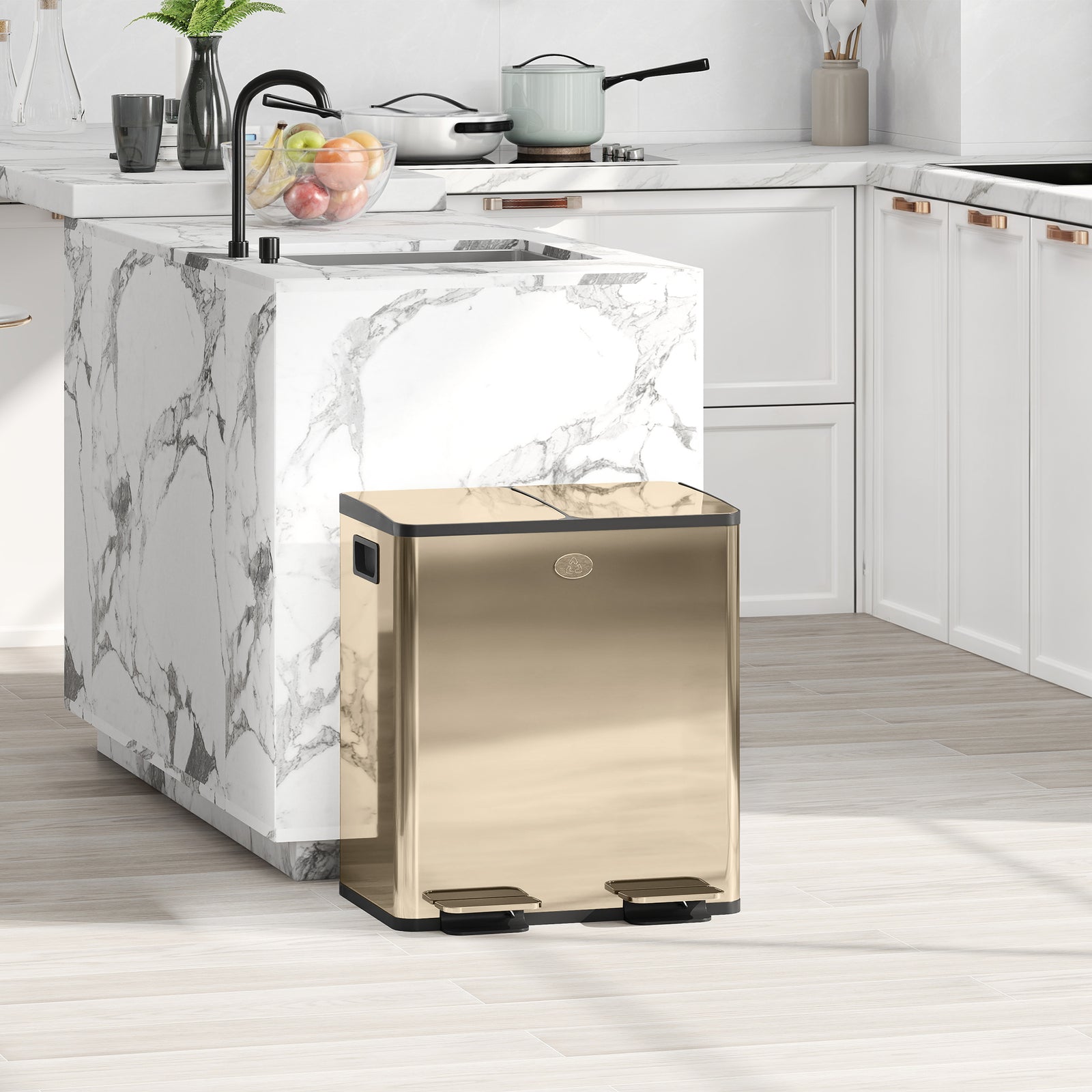2 X 20l Dual Rubbish Bin Pedal Bin For Recycling And Waste | Gold