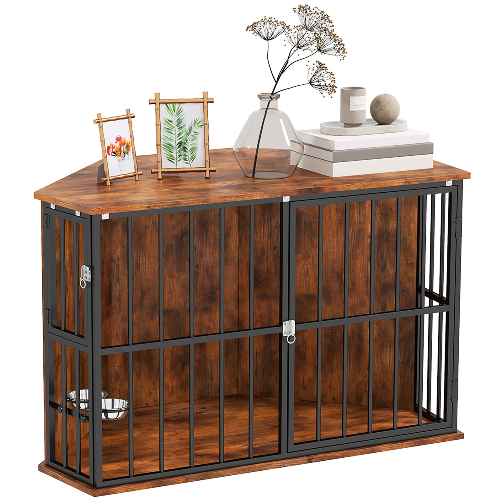Corner Dog Crate Furniture With 2 Bowls For Small & Medium Dogs