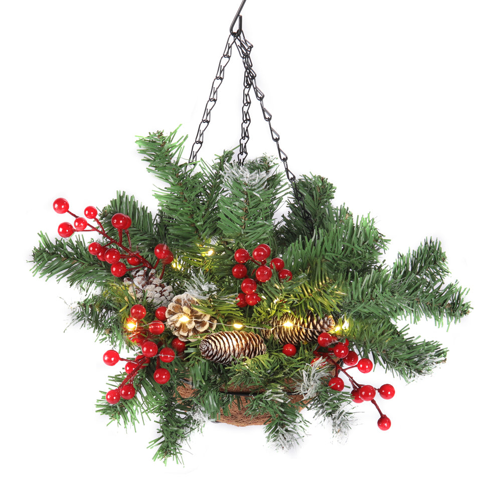Pre Lit Artificial Christmas Hanging Basket With Frosted Pine Cone