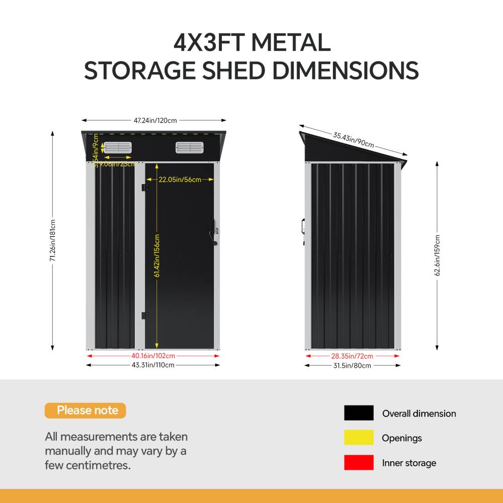 4 X 3ft Metal Garden Storage Shed With Lockable Door | Black