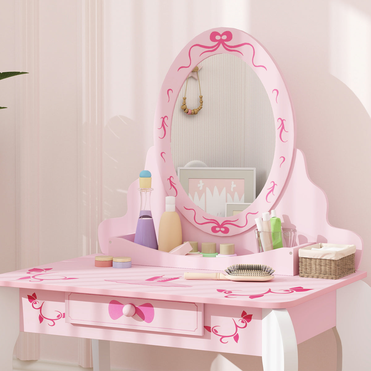 Kids Dressing Table Set, Ballet Theme Vanity Table With Stool, Mirror, Drawer
