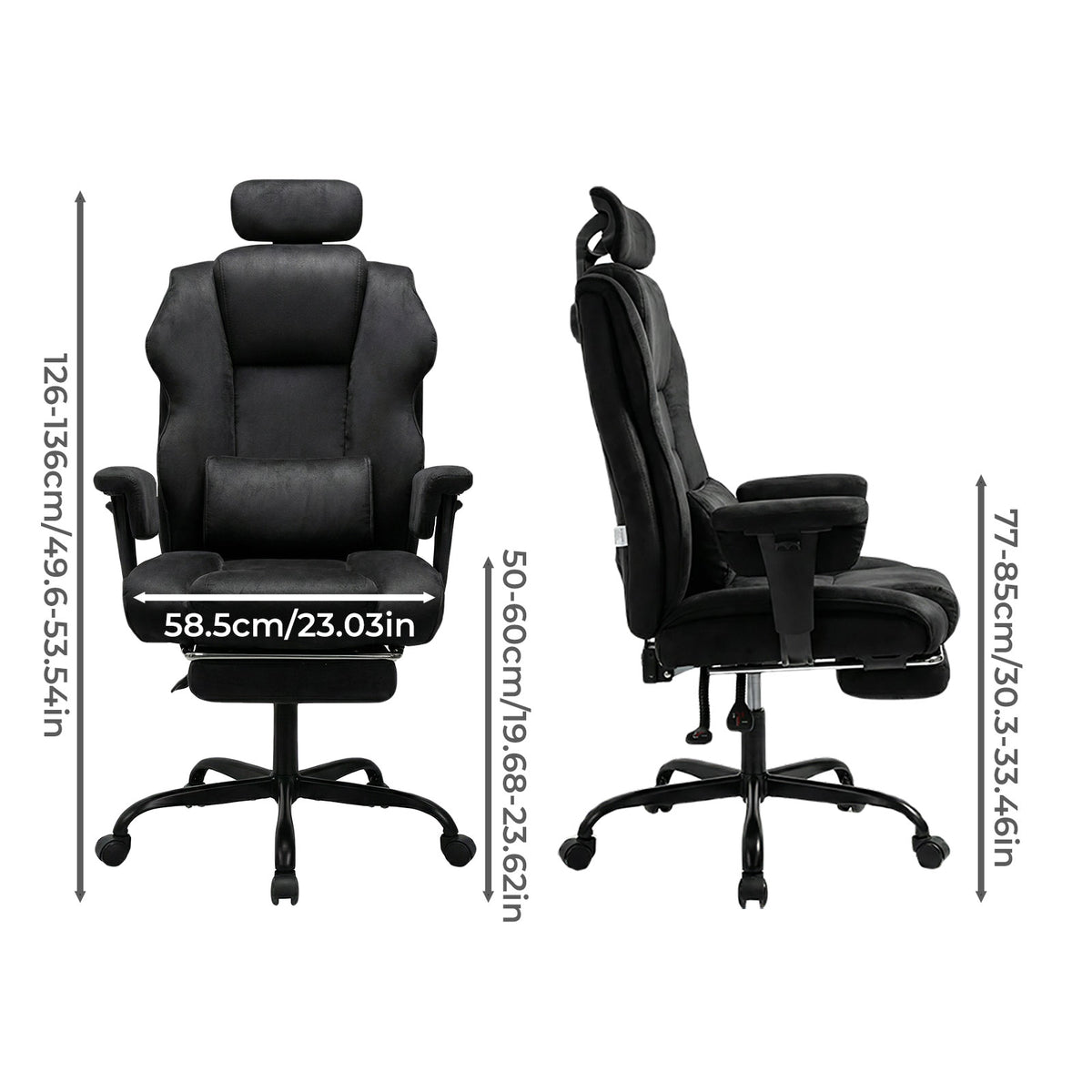 Ergonomic Office Chair Suede Fabric Wide Seat 155° Recline Footrest | Black