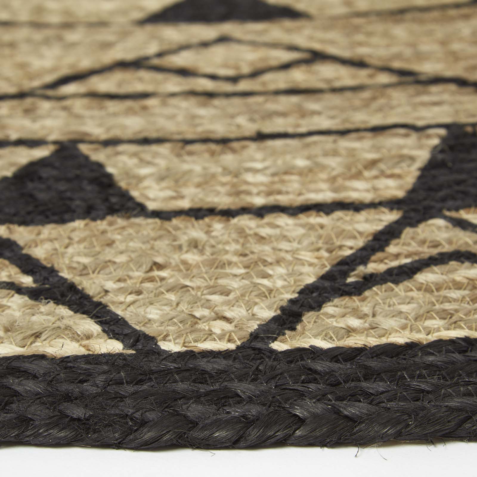 Natural & Black Mandala Braided Jute Rug Round | 90cm | Black