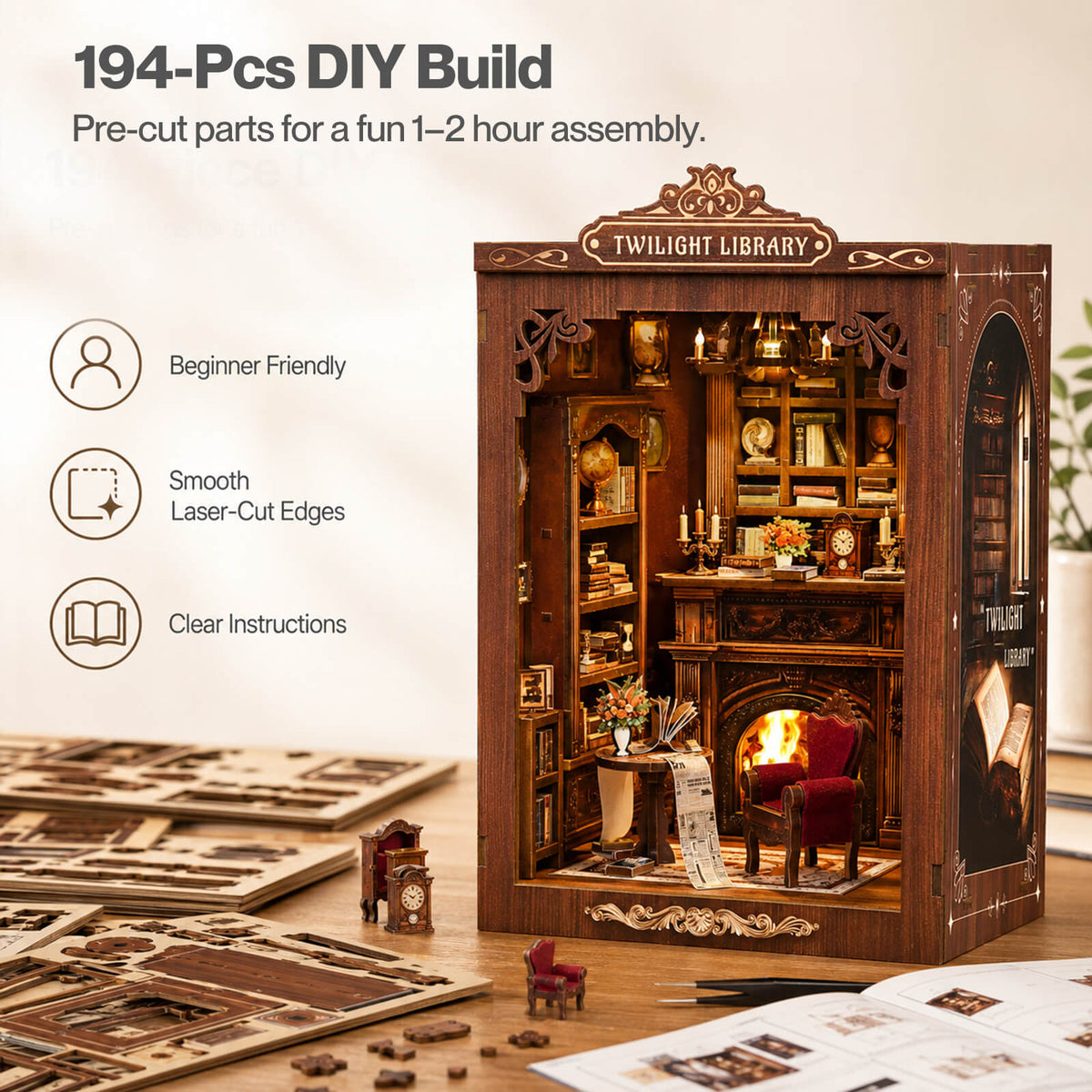 Book Nook Kit For Adults Wooden Miniature Bookstore With Led Walnut