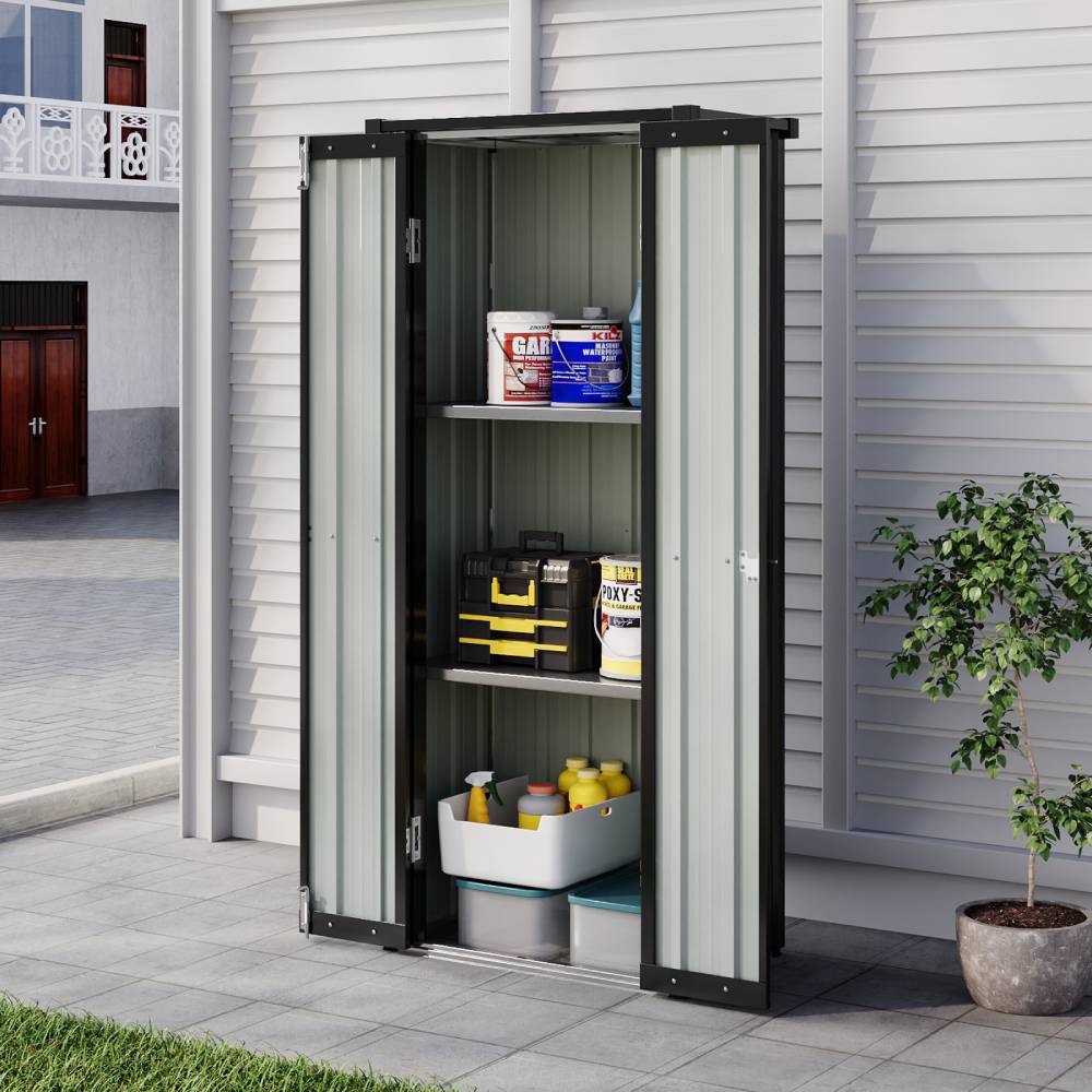 Metal Garden Storage Cabinet 1.5×2.5 Ft Flat Roof Shed With Adjustable 2 Shelves &  Lockable Double Doors
