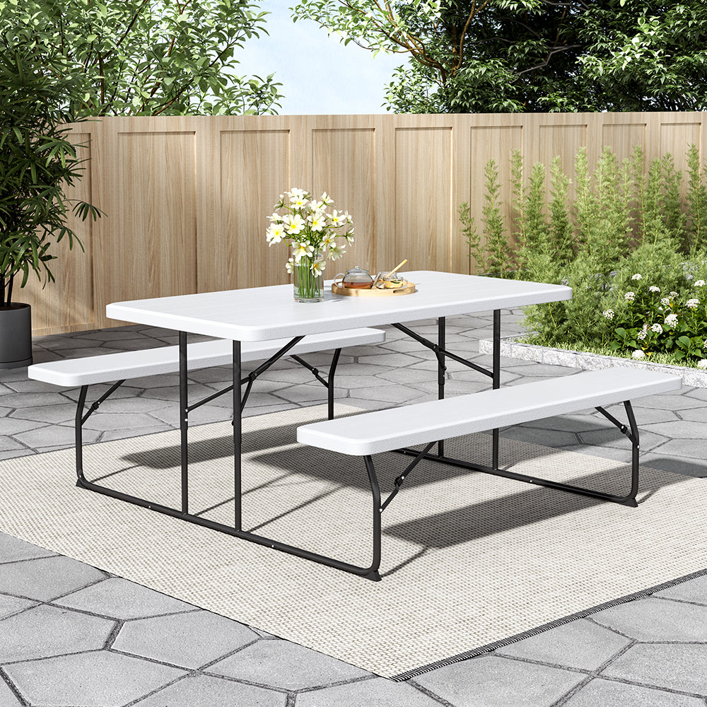 Foldable Picnic Table And Bench Set With Parasol Hole | One Size | White