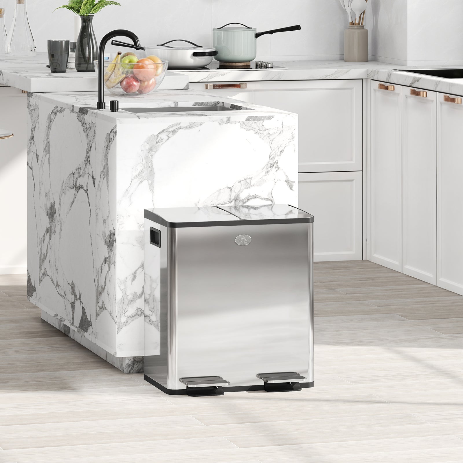 Dual Kitchen Bin Pedal Bin For Recycling And Waste, Silver Tone | L | Silver
