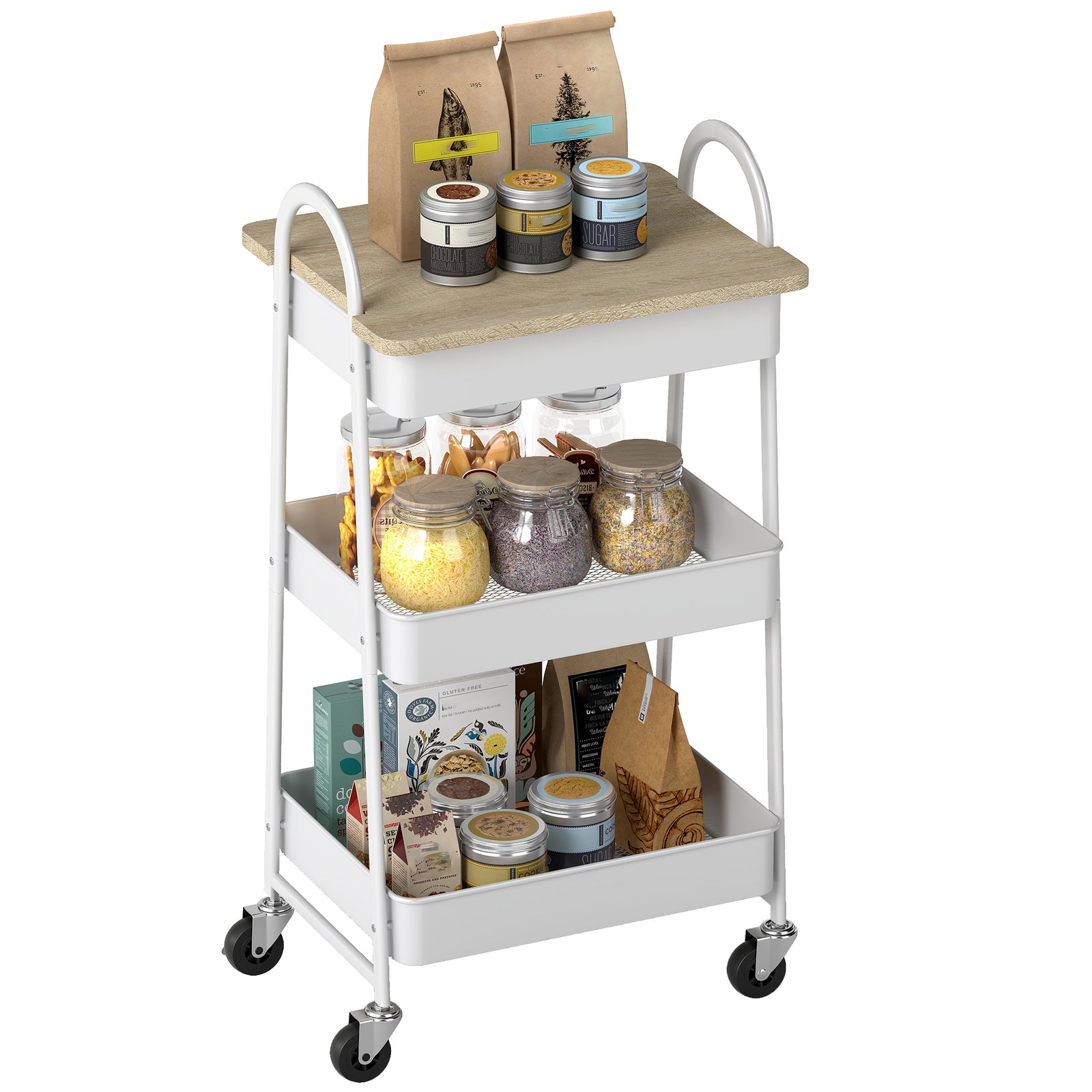 Rolling Utility Cart With Mesh Baskets For Kitchen | White