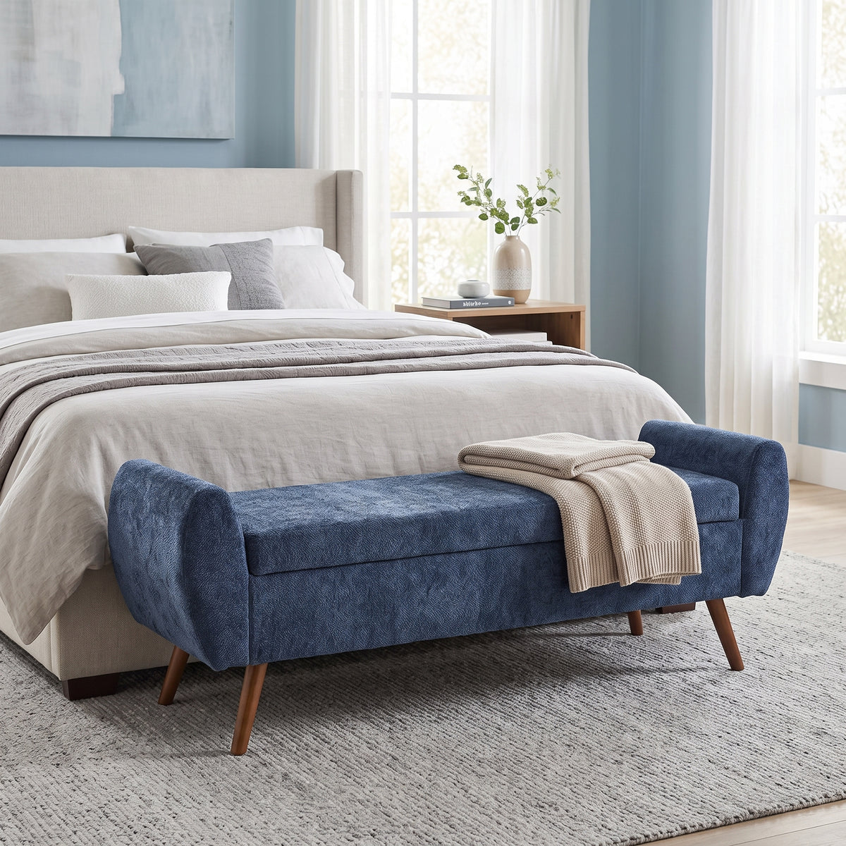Modern Upholstered Storage Bench | Blue