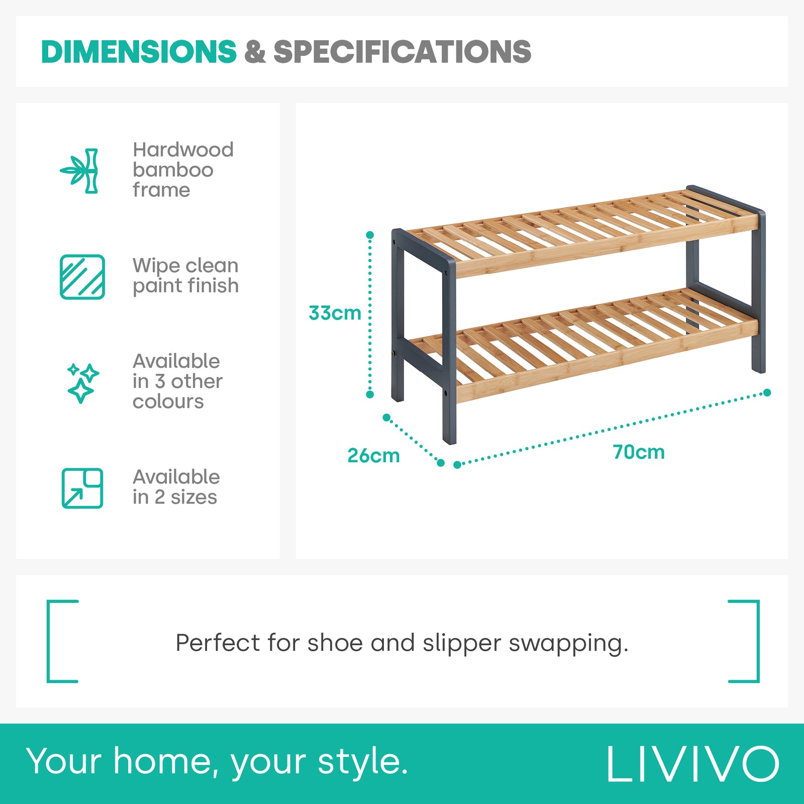 Bamboo 2-tier Shoe Rack - Grey/natural