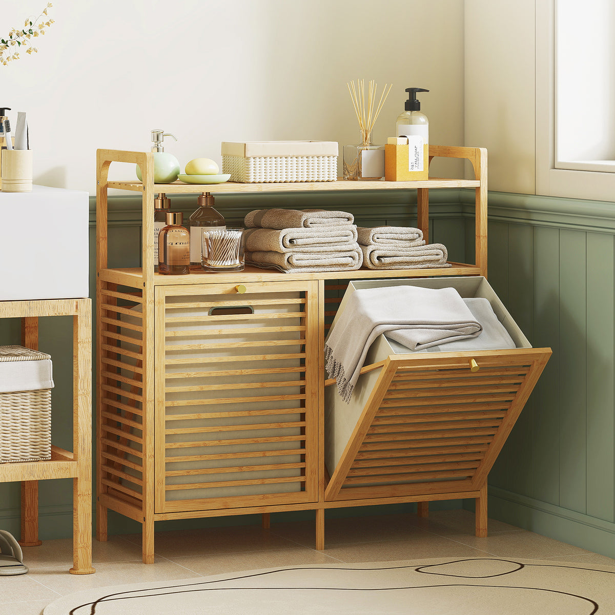 HOMCOM Double Tilt Out Laundry Cabinet Bamboo Laundry Hamper Cabinet
