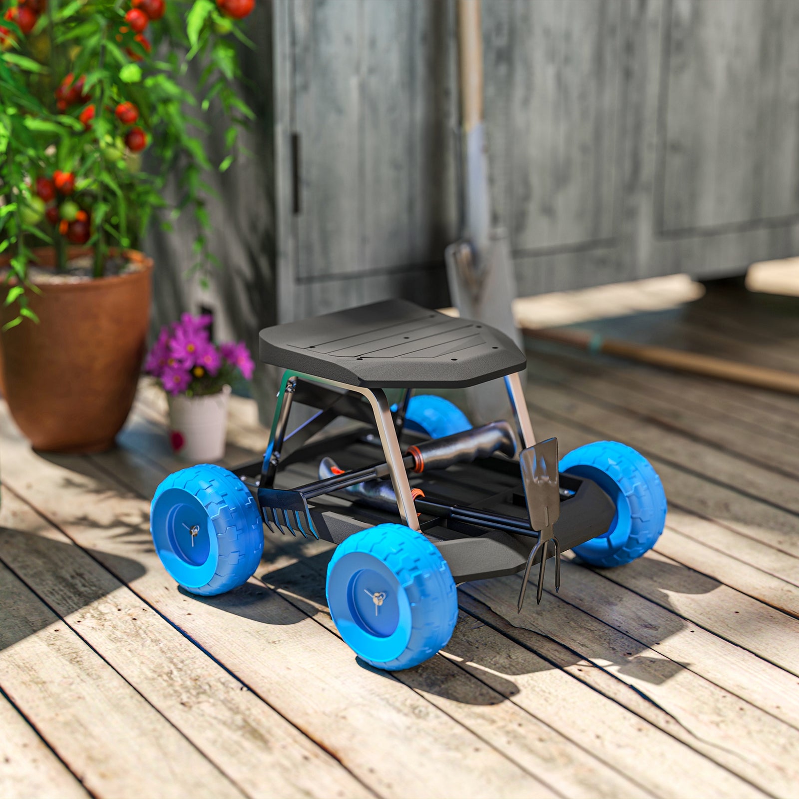 Garden Cart With Wheels, Tool Tray For Weeding, Planting | Blue