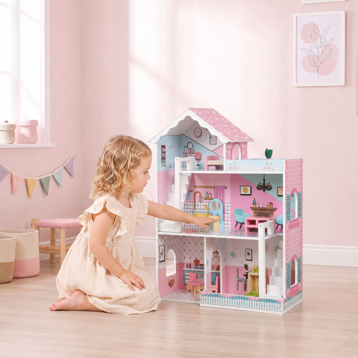 Wooden Dolls House 3-storey With 10 Accessories For 3-6 Years, Pink