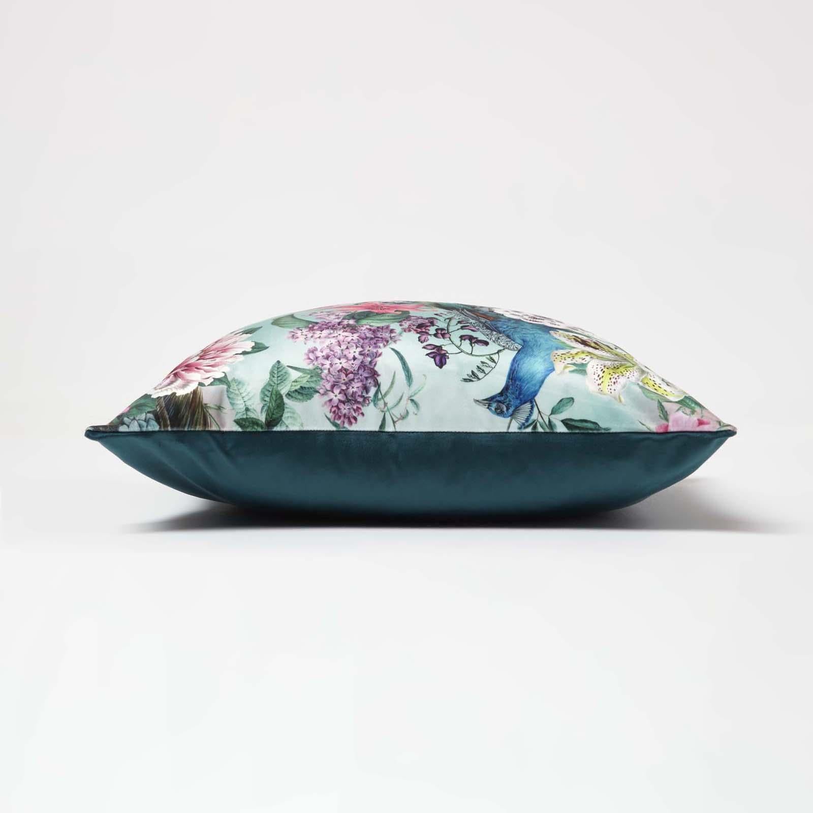 Floral Peacock Filled Velvet Cushion 46 X 46 Cm | 45cm x 45cm | Pink
