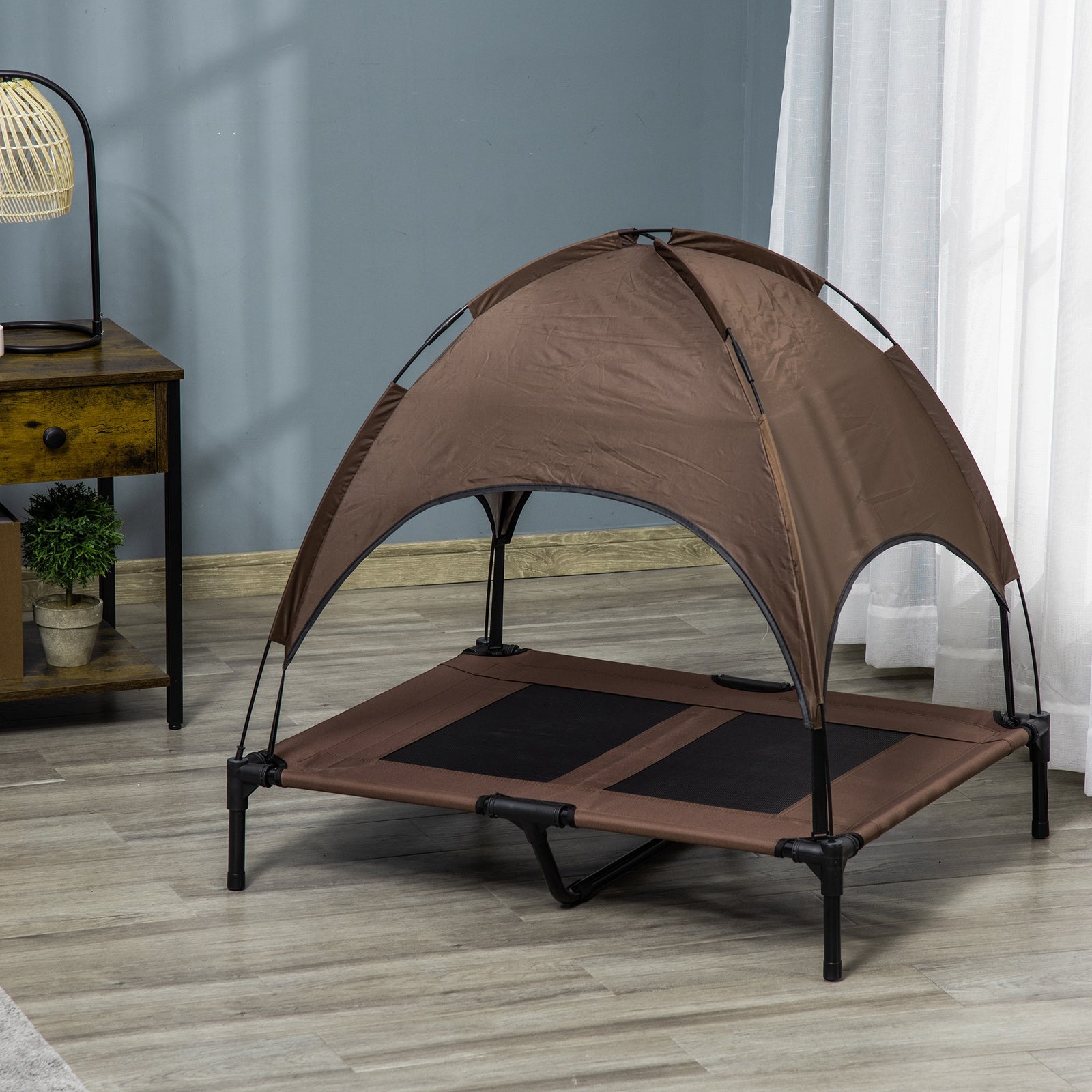 Pawhut 92cm Elevated Dog Bed Cooling Raised Pet Cot Uv Protection Canopy | Brown