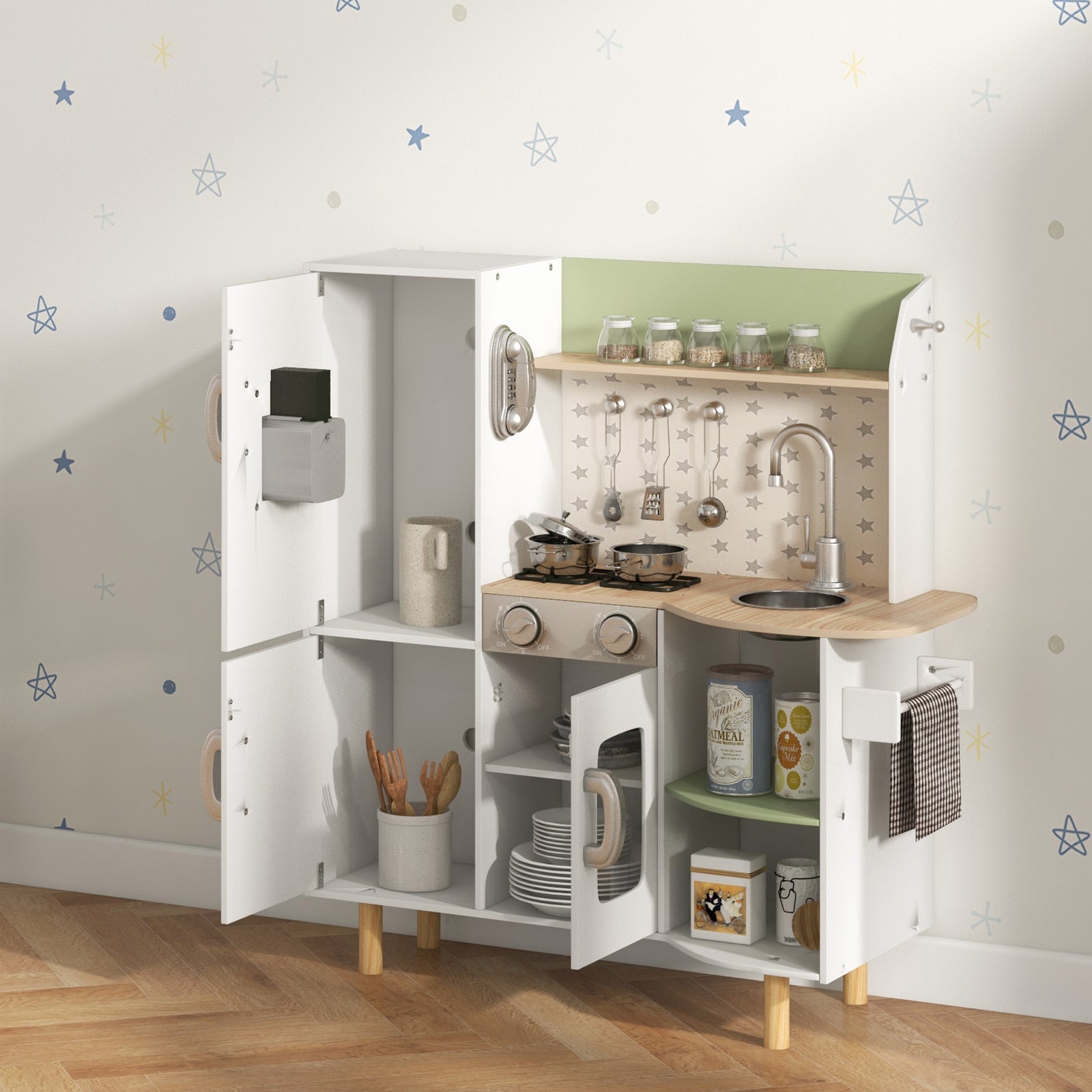 Toy Kitchen Playset W/ Phone, Ice Maker, Stove, Sink - White