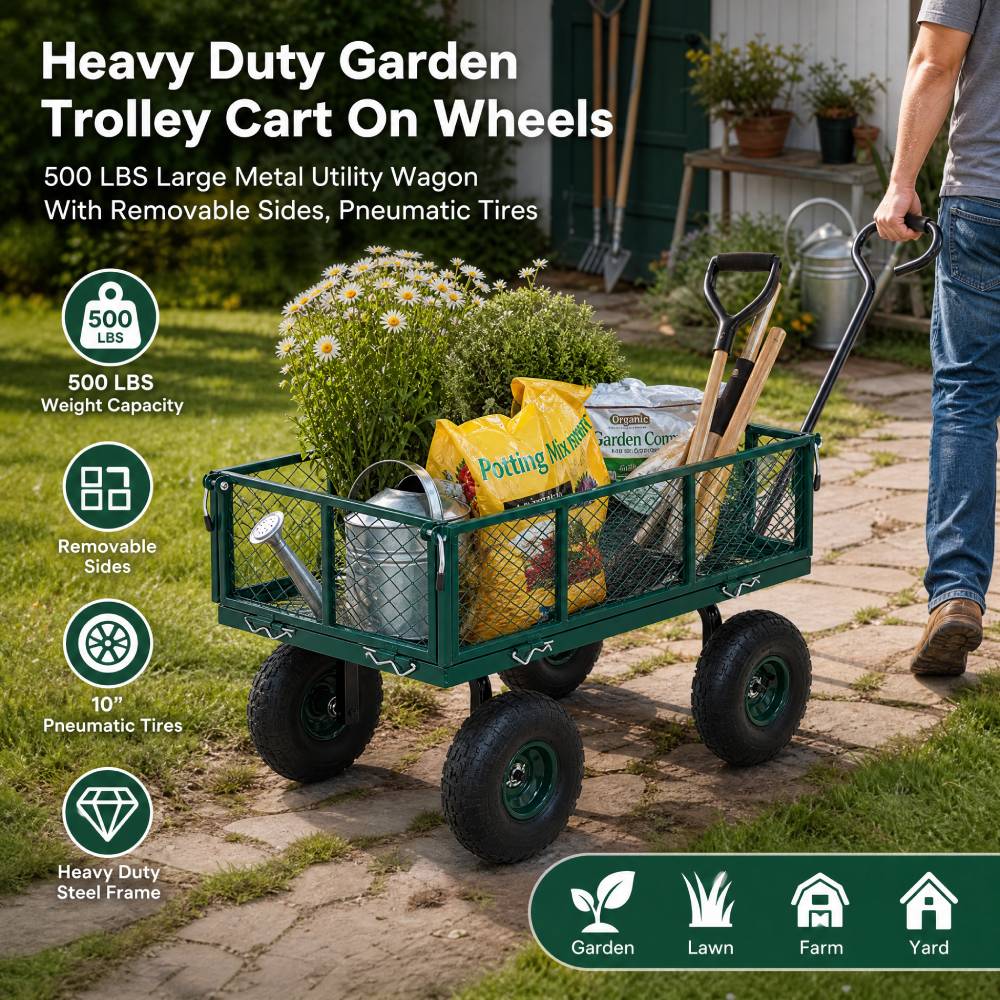 Heavy Duty Garden Trolley Cart On Wheels, 500 Lbs Capacity Large Metal Utility Wagon With Removable Sides, Pneumatic Tires | Green