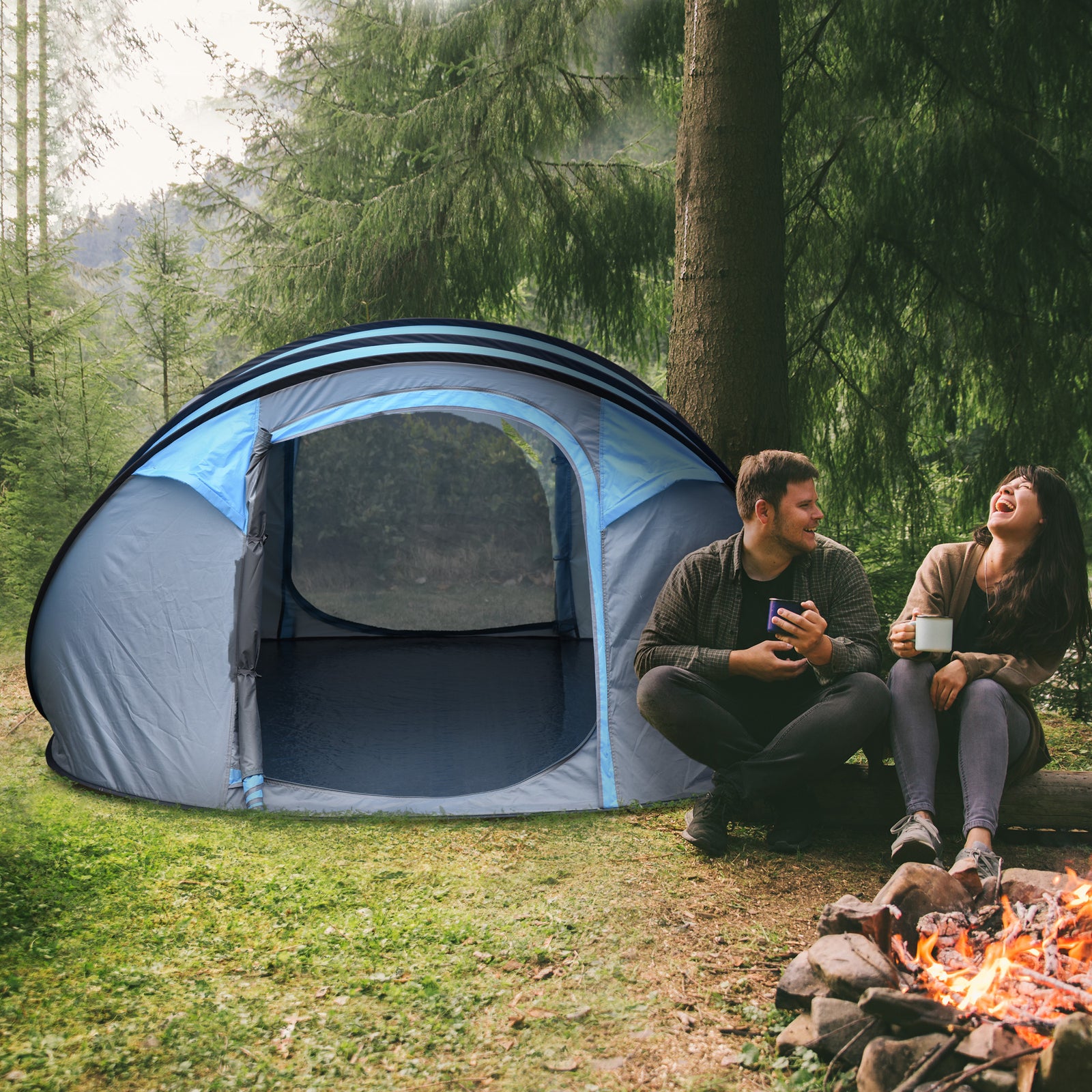 4-5 Person Camping Tent Dome Pop-up Tent  With Windows | Sky Blue