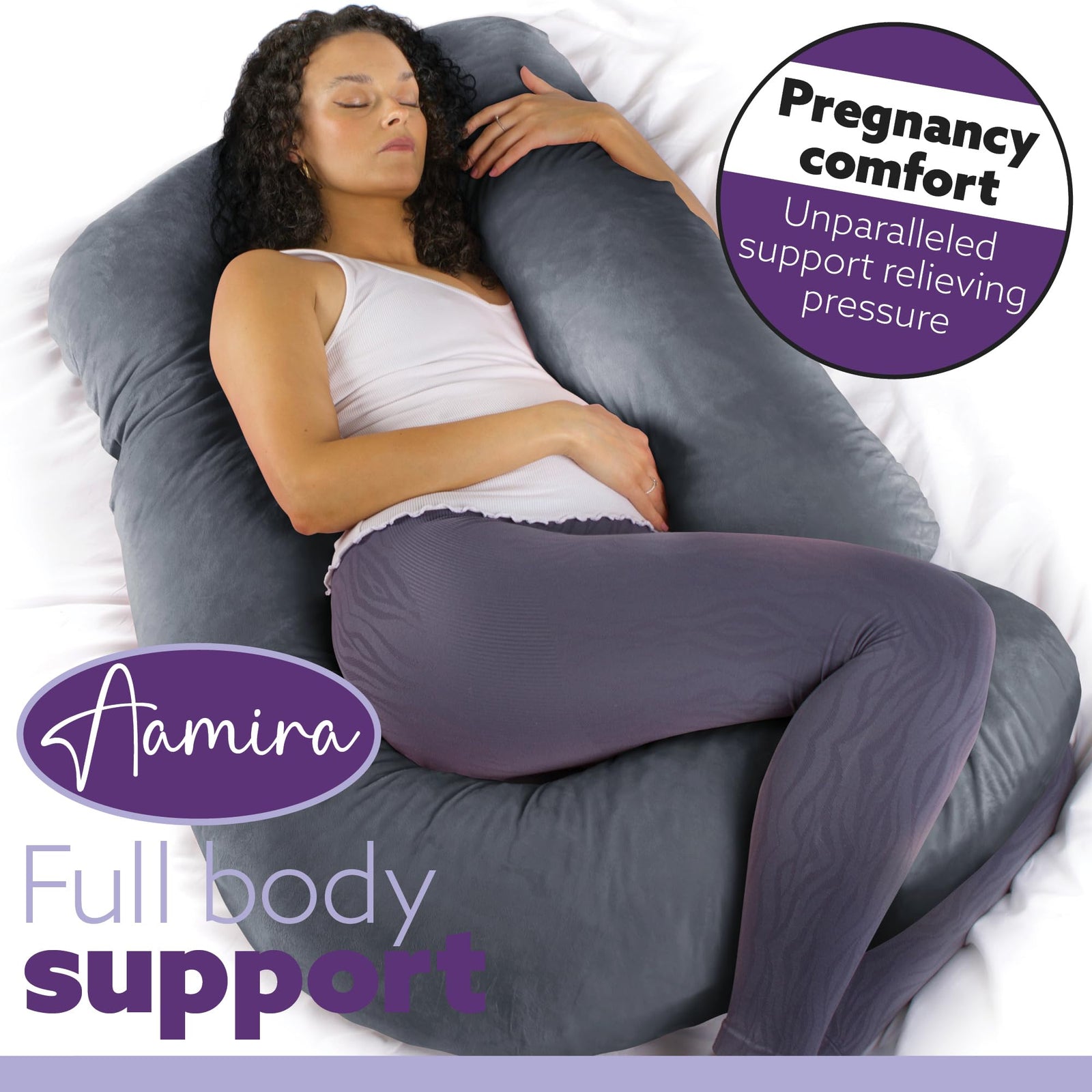 J Shaped Pregnancy Pillow, 140x70x20cm Shredded Memory Foam Full Body Maternity Cushion For Sleeping | J Shape | Dark Grey