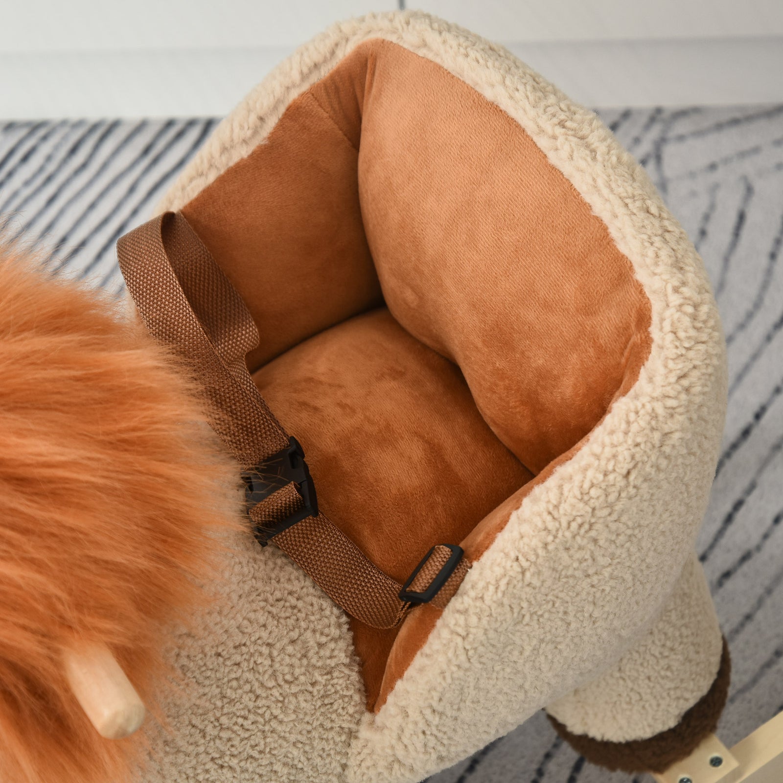 Kids Rocking Lion Plush Ride On Seat W/ Sound Button Wood Base Seat Belt