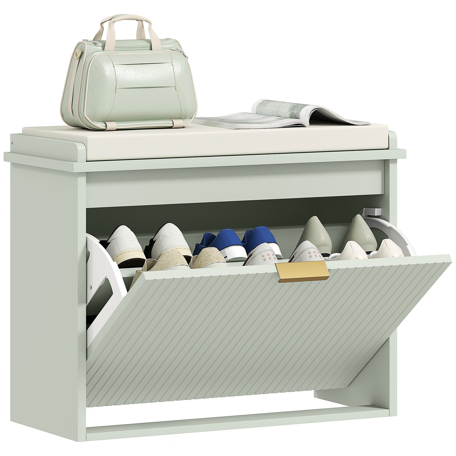 Shoe Storage Bench With Cushion And Flip-drawer | Small | Green