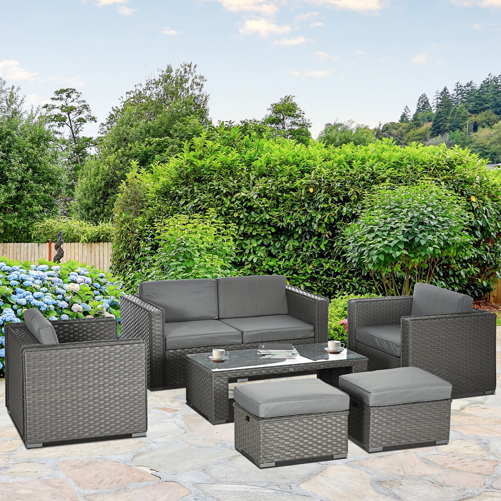 6 Pcs Pe Rattan Garden Furniture Set With Padded Cushions