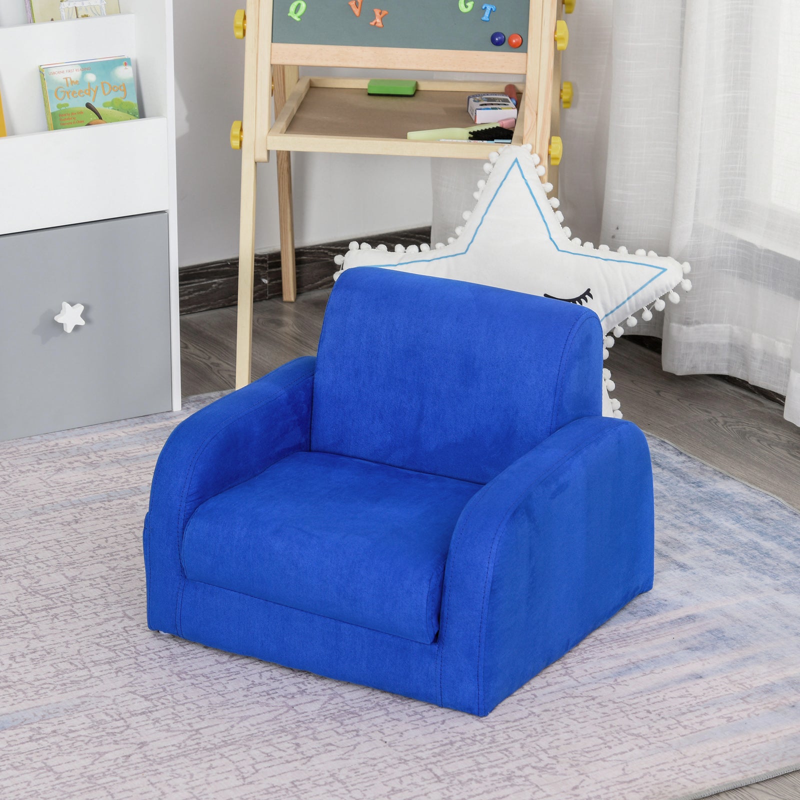 2 In 1 Kids Armchair Sofa Bed Fold Out Padded Wood Frame Bedroom | Blue
