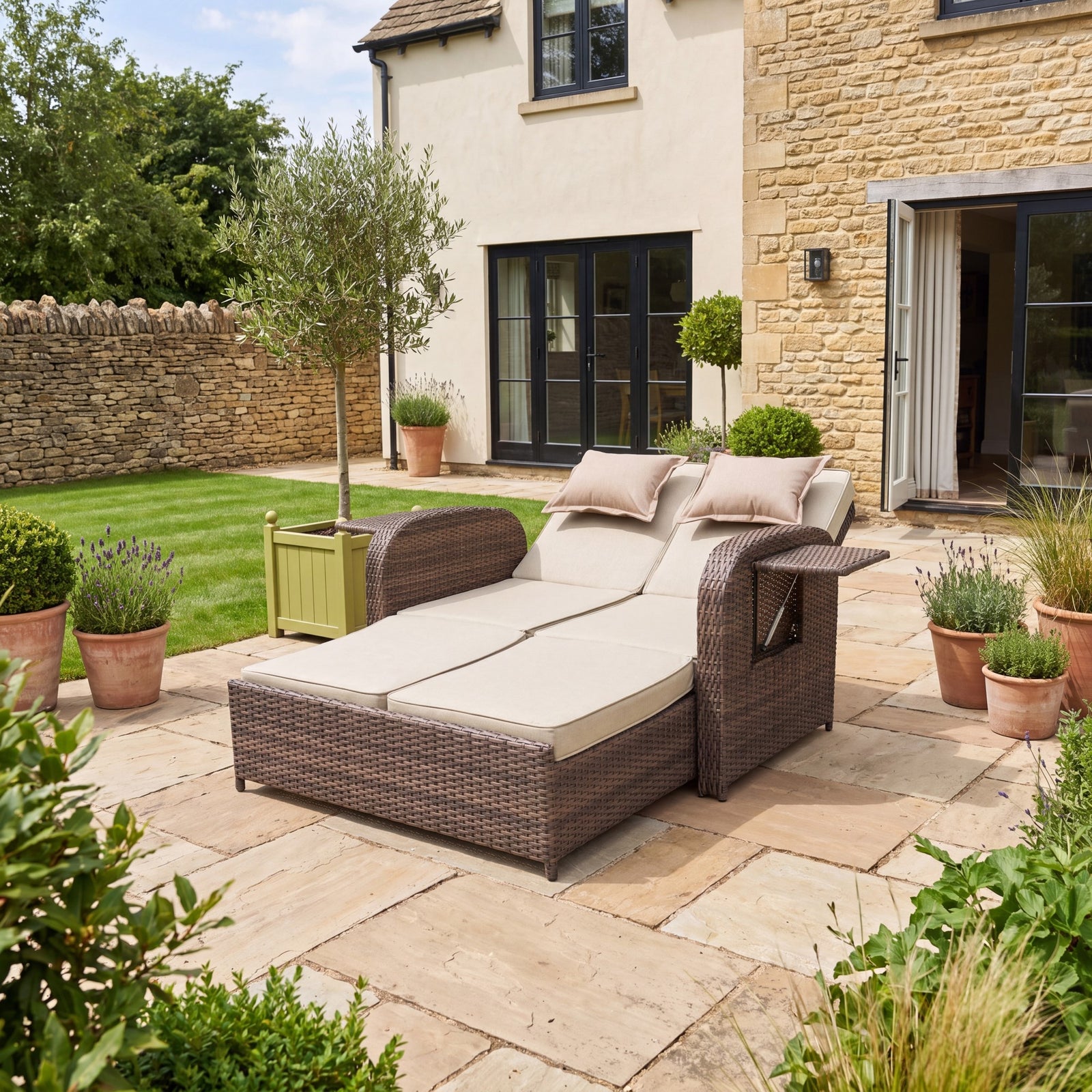 Whitmore Rattan Reclining Outdoor Sofa Bed With Side Shelves | Brown