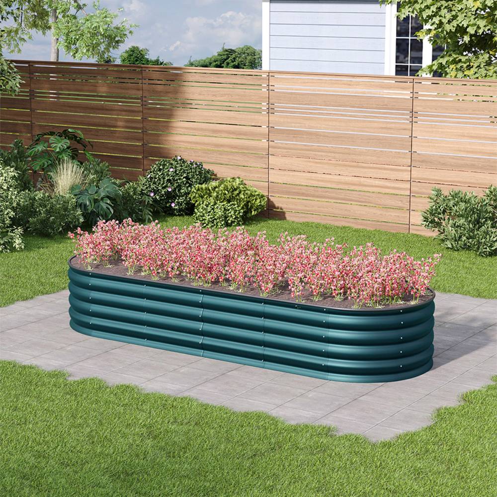 160/240cm W X 80cm D X 42cm H Green Raised Garden Bed With Safety Edging & Ground Stakes Oval-shaped Galvanised Steel Raised Garden Bed | Large | Dark Green